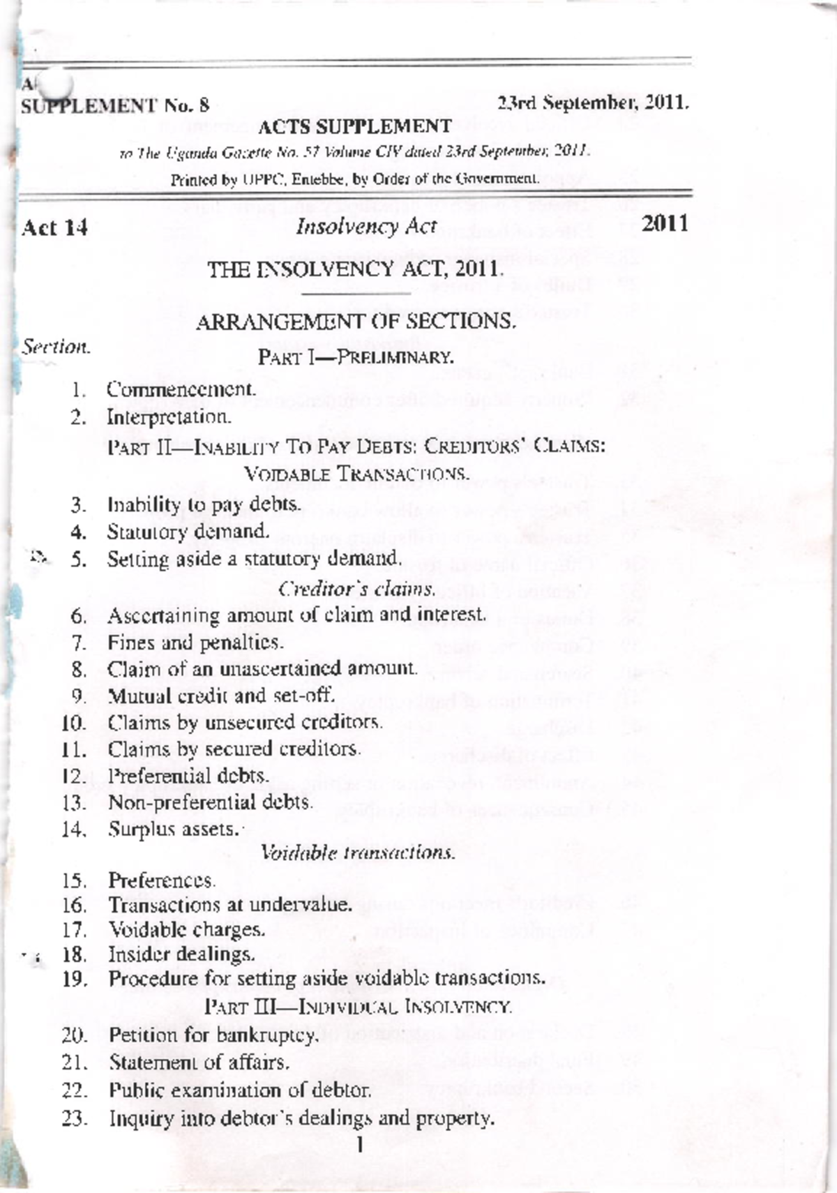 Insolvency Act 2011 - Detailed Section Breakdown and Analysis - Studocu