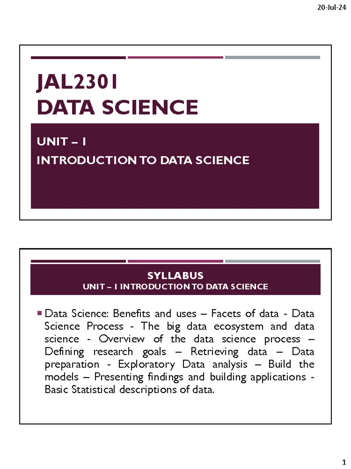 CS3352 Foundations of Data Science Unit I: Introduction & Key Concepts ...