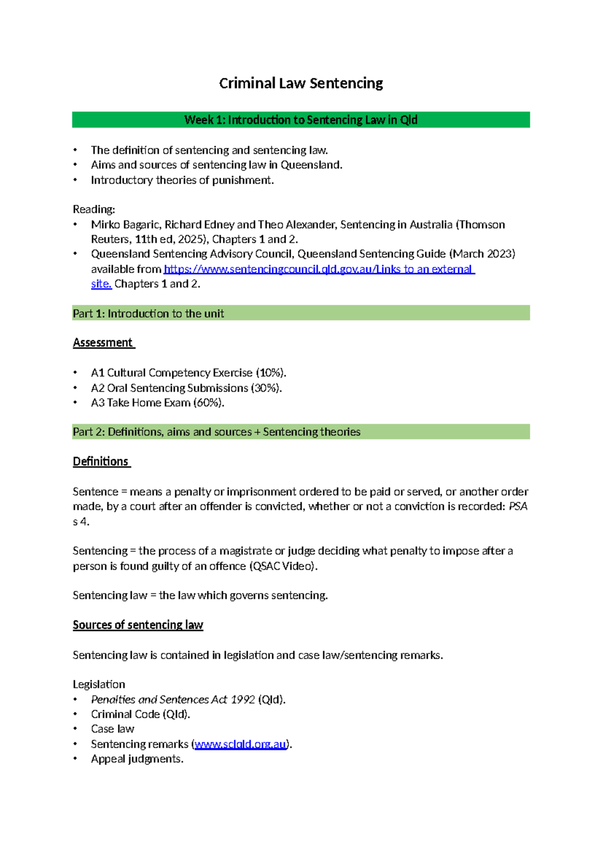 LLB244 Criminal Law Sentencing Lecture Notes: Intro to Qld Sentencing ...