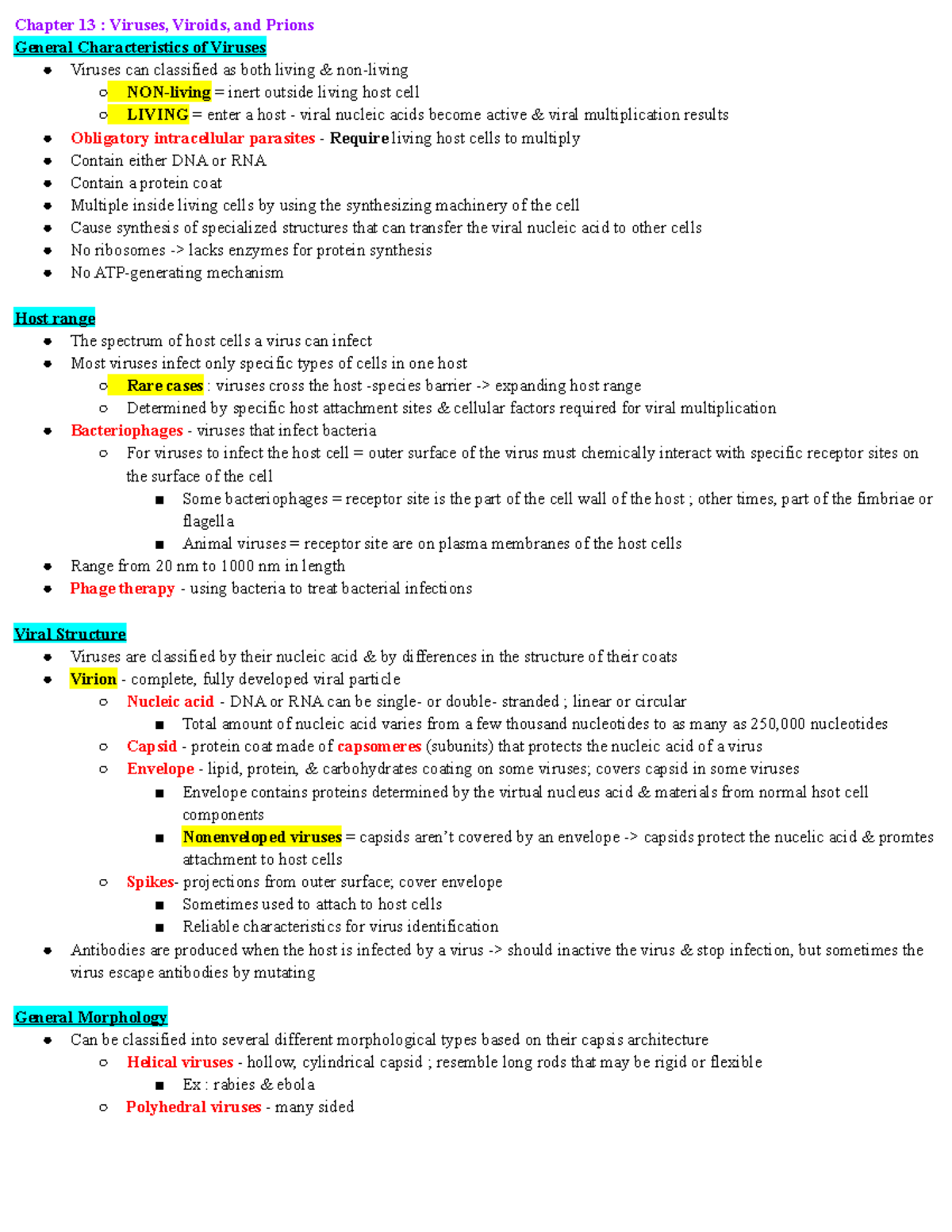 Notes Exam 3 - Chapter 13 : Viruses, Viroids, and Prions General ...