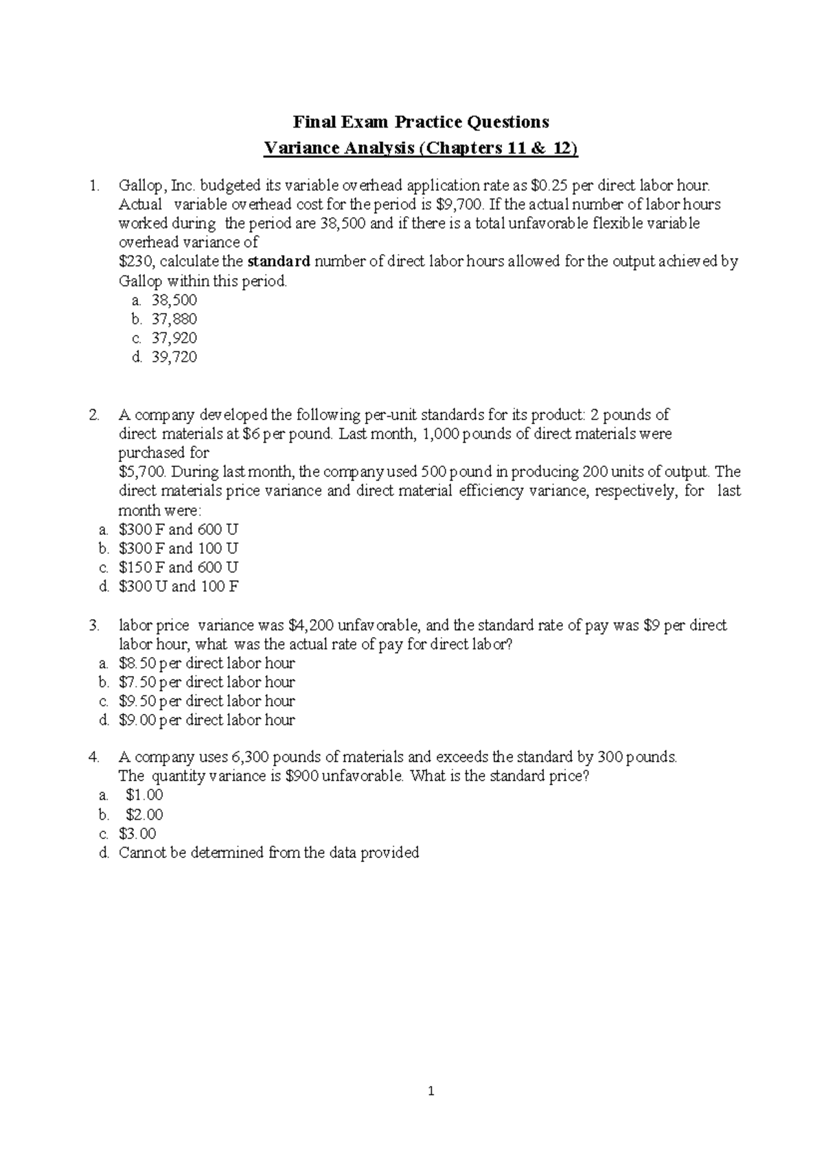 Final Exam Practice Questions on Variance Analysis (Chapters 11 & 12 ...
