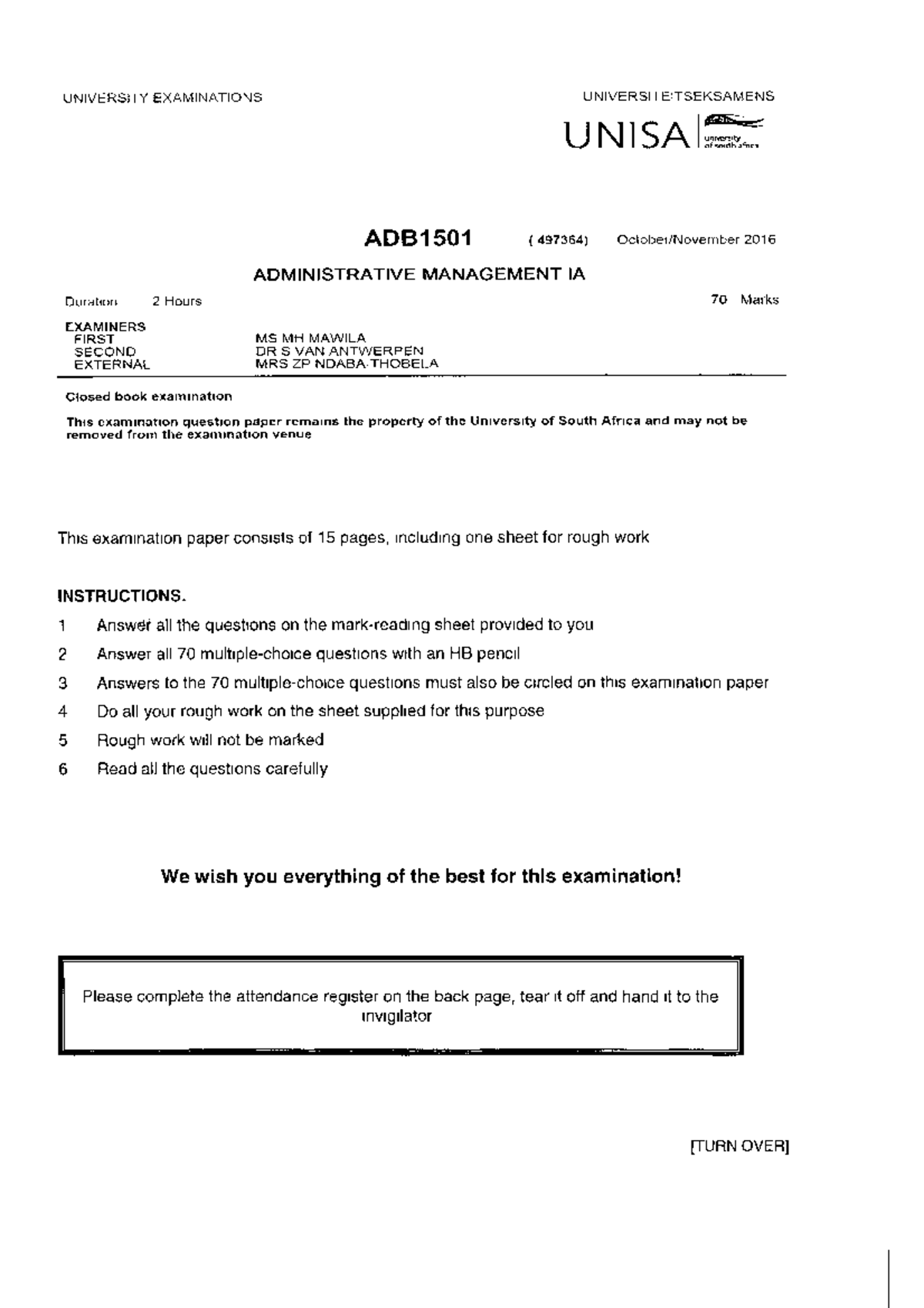 ADB1501 2016 Administrative Management Exam Paper - Studocu