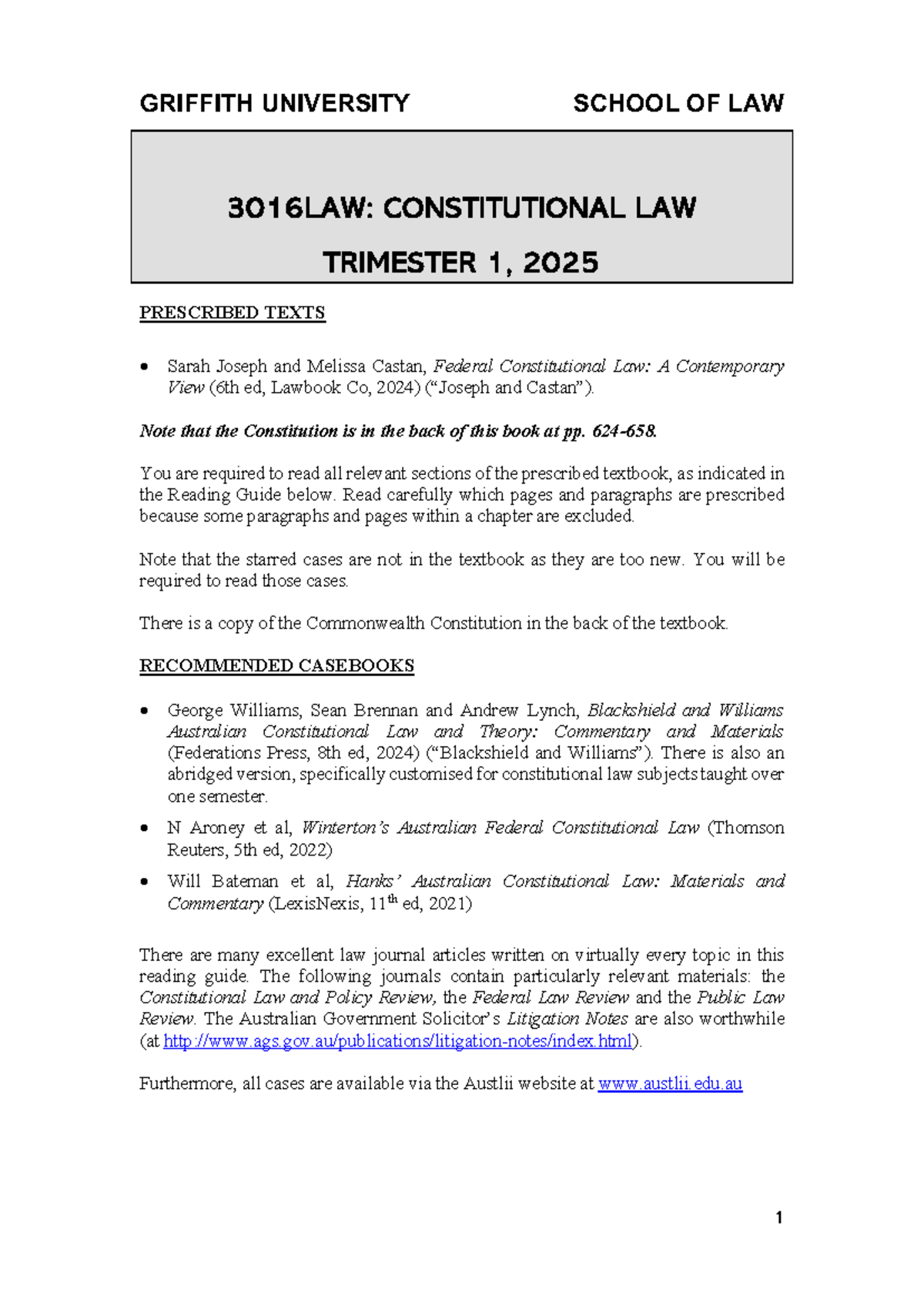 Reading Guide for 3016LAW: Constitutional Law Trimester 1, 2025 - Studocu