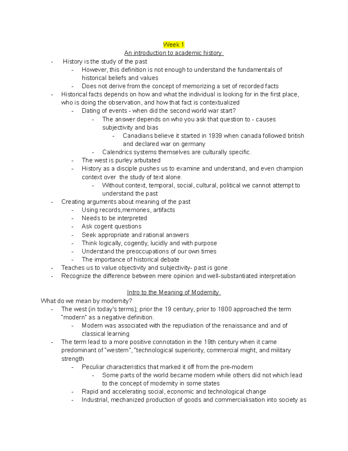HIST 101 Lecture Notes: Introduction to Academic History and Modernity ...
