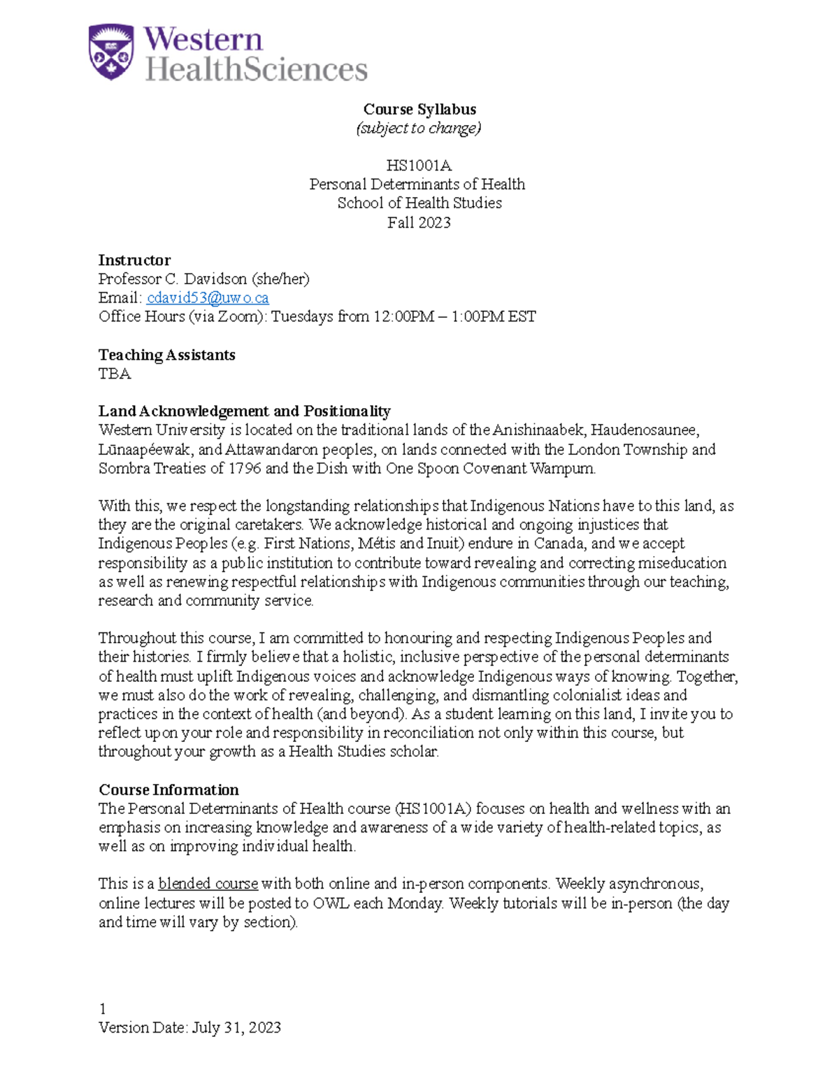 HS1001A Fall 2023 Course Syllabus - Personal Determinants of Health ...
