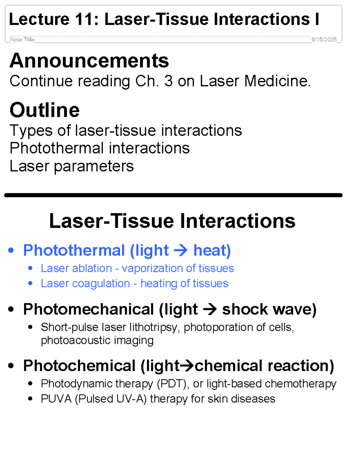 PHYS1202_Fall2025_Lecture 11: Overview of Laser-Tissue Interactions ...