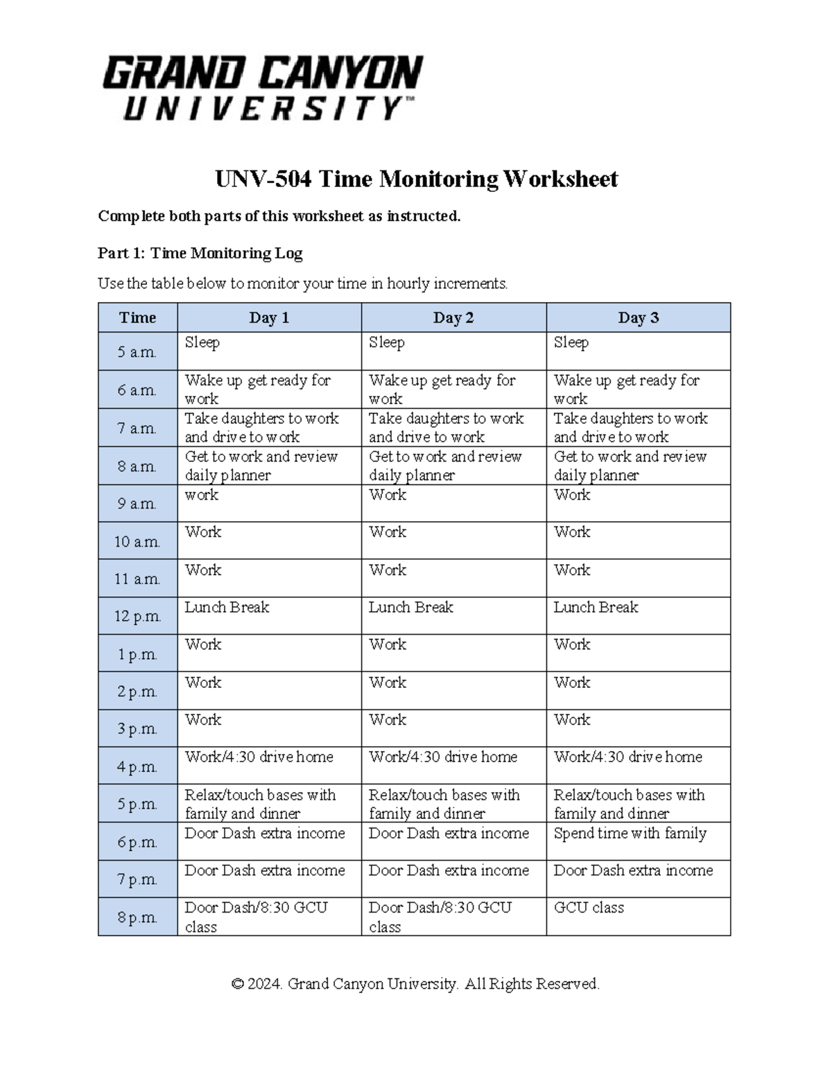 UNV 504 RS T1 Time Monitoring Worksheet & Reflection - Studocu
