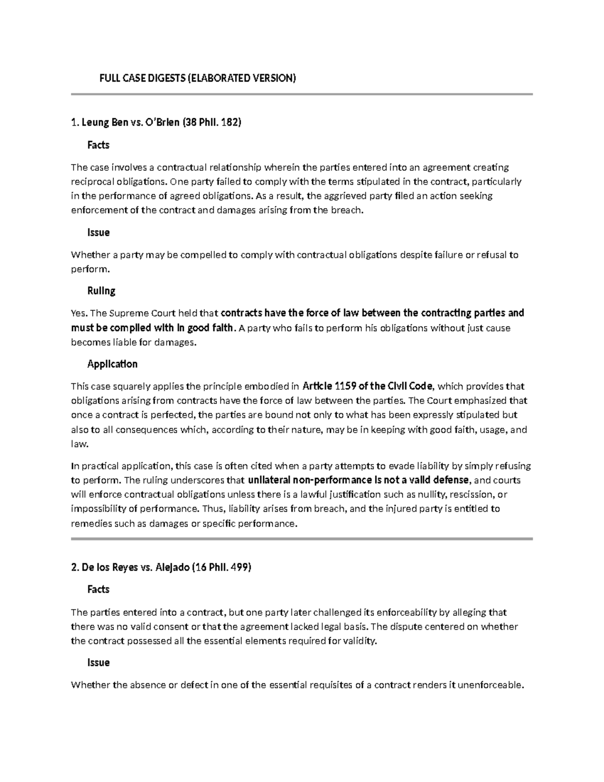 CASE DIGEST: Key Legal Principles & Rulings (ELABORATED VERSION) - Studocu