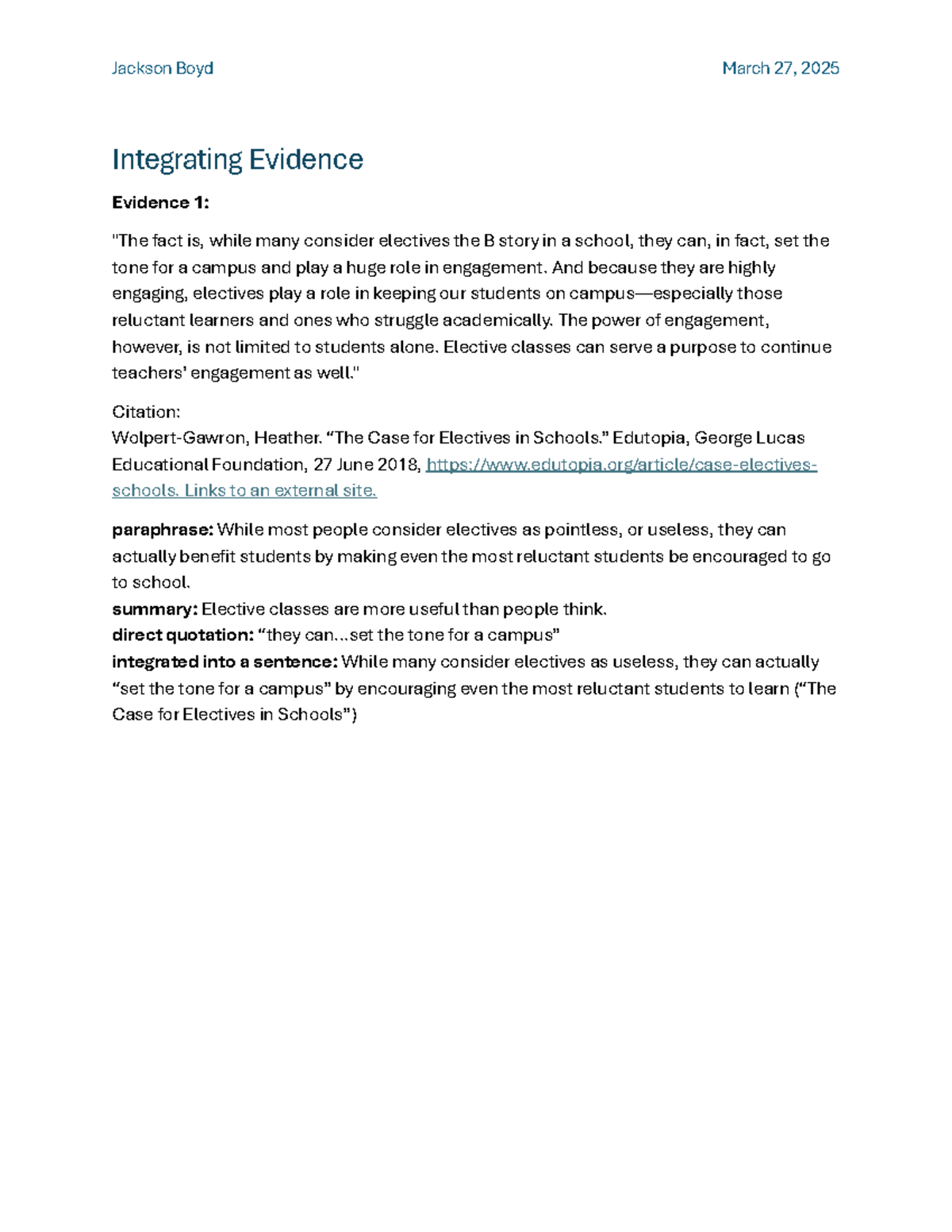 Integrating Evidence - Writing honors - Integrating Evidence Evidence 1 ...