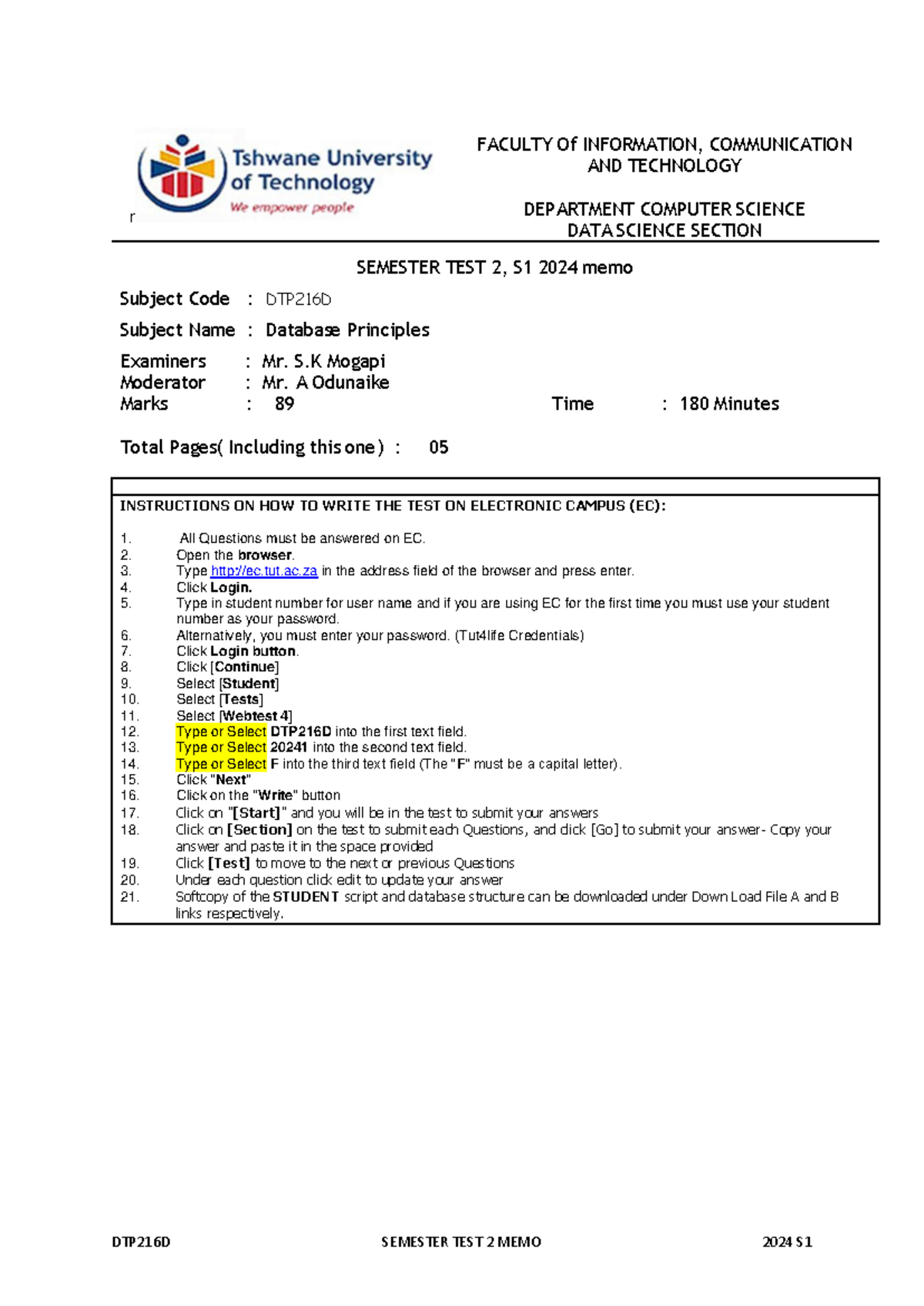 DTP216D - Semester Test 2 Question Paper & Memo 2024 S1 - Studocu