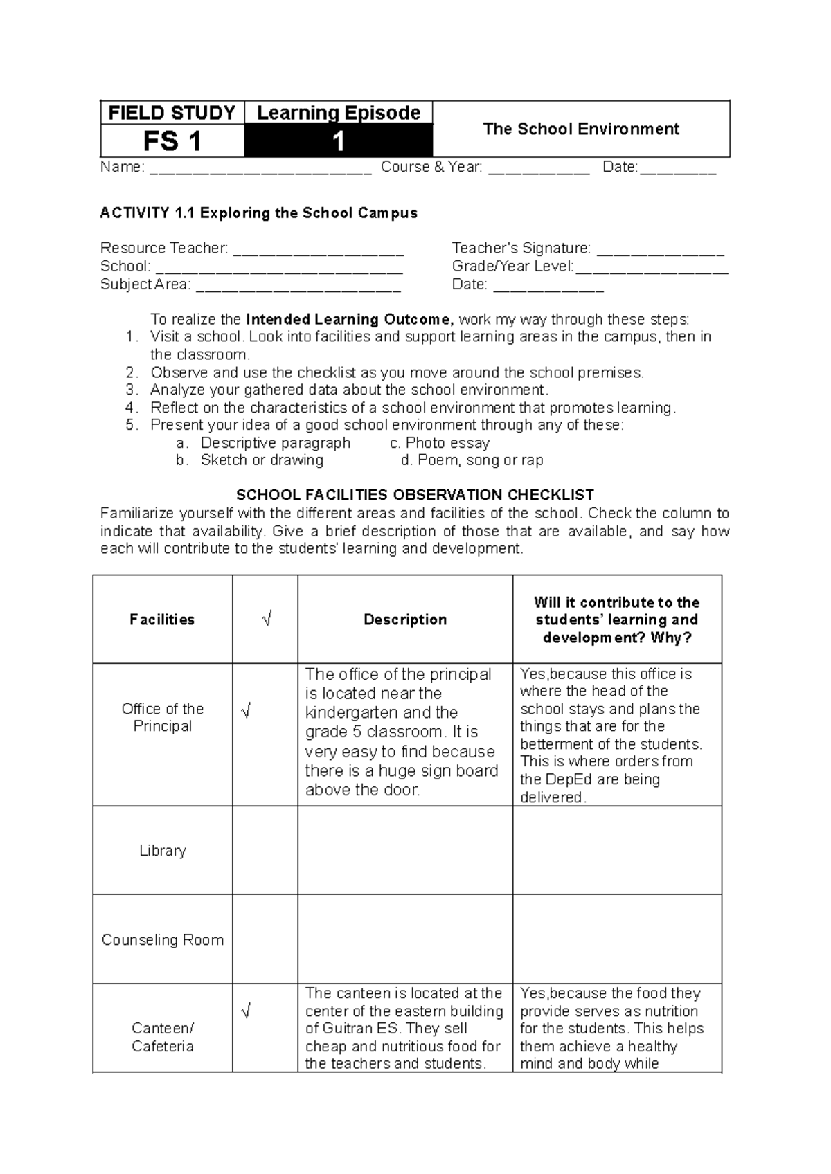 FIELD STUDY Learning Episode FS 1: Exploring the School Environment and ...