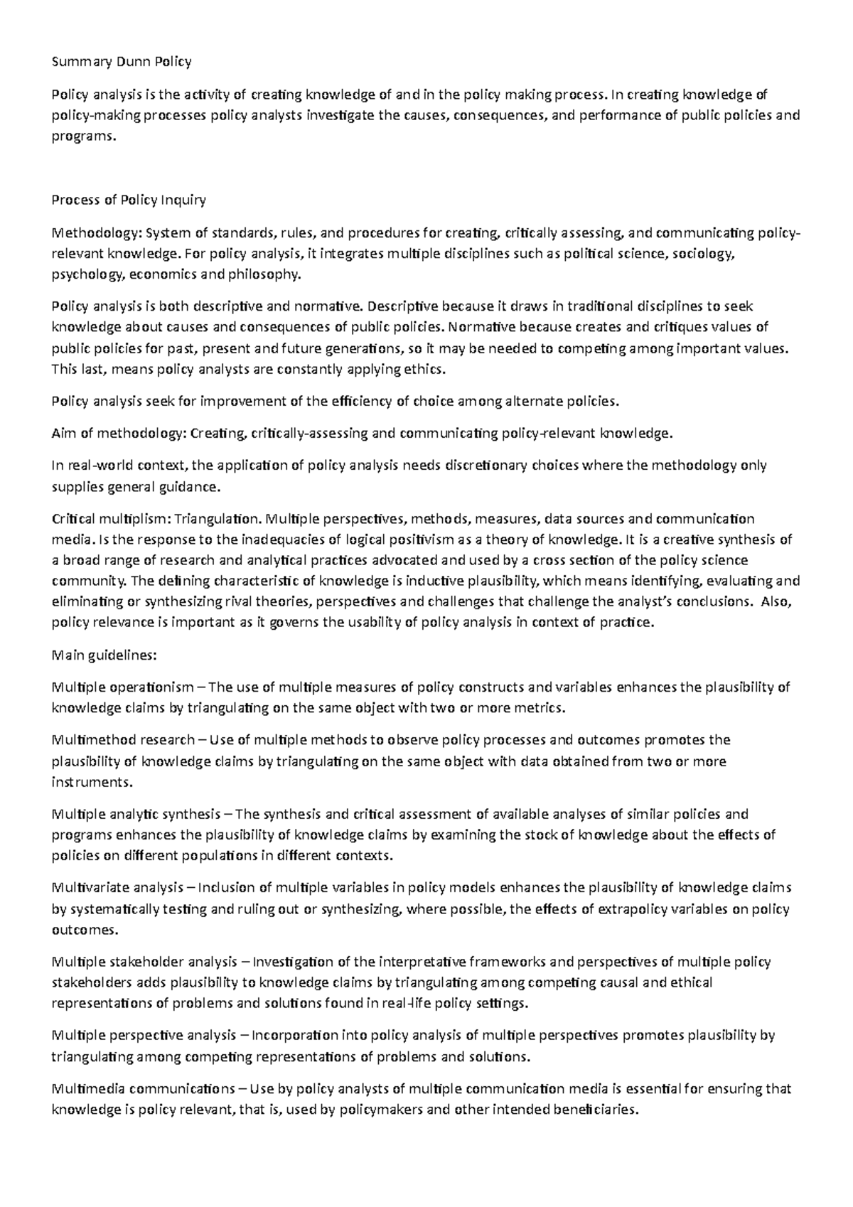 Summary of Dunn Policy Analysis Methodology - Studeersnel