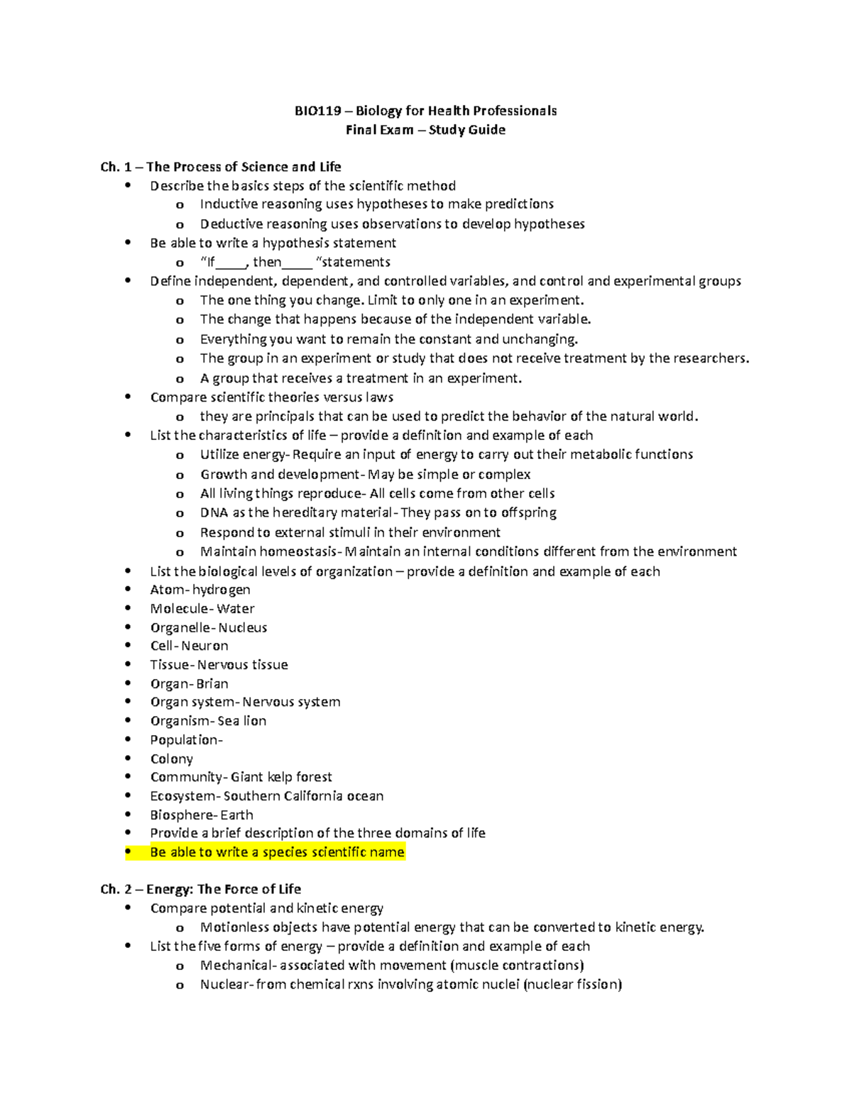 BIO119 - Final Exam Study Guide: Key Concepts in Biology - Studocu