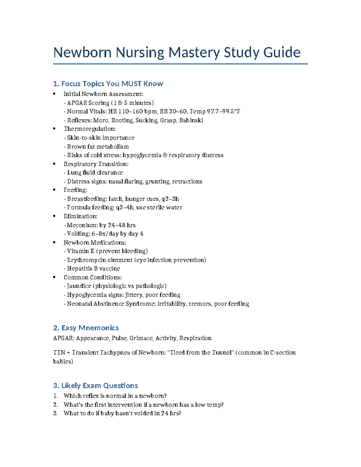 NUR 101: Newborn Nursing Mastery Study Guide & Key Focus Topics - Studocu