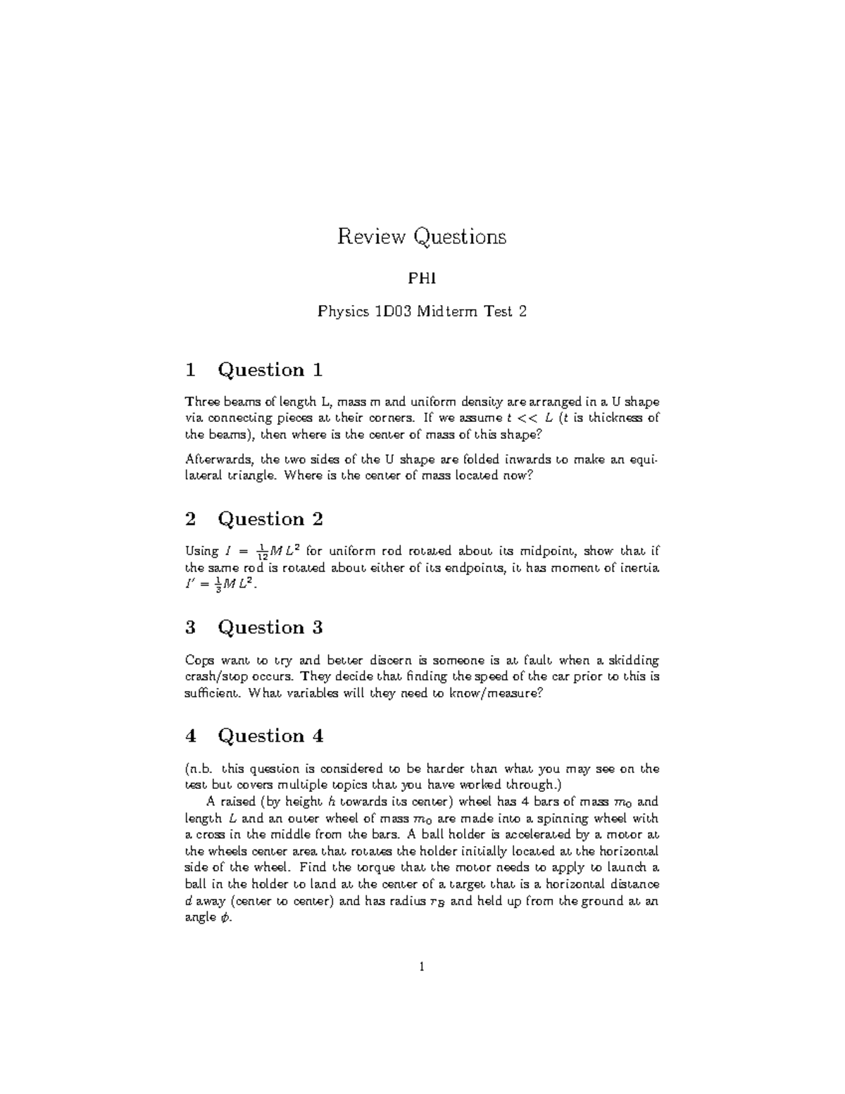 Physics 1D03 - Solutions for Introductory Mechanics Test 2 Review - Studocu