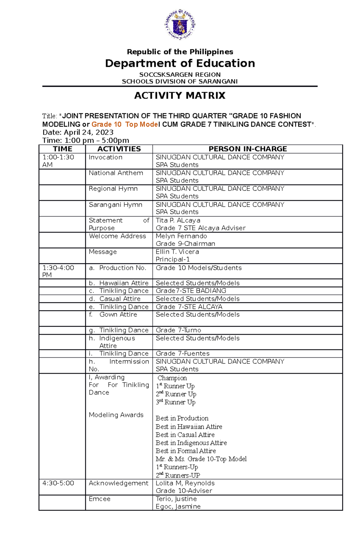 Activity Matrix for MAPEH Perforamce - Republic of the Philippines ...