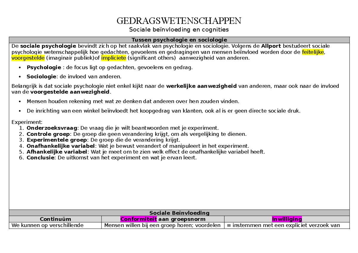 GEDRAGSWETENSCHAPPEN Sociale Beïnvloeding en Cognities: Psychologie en ...