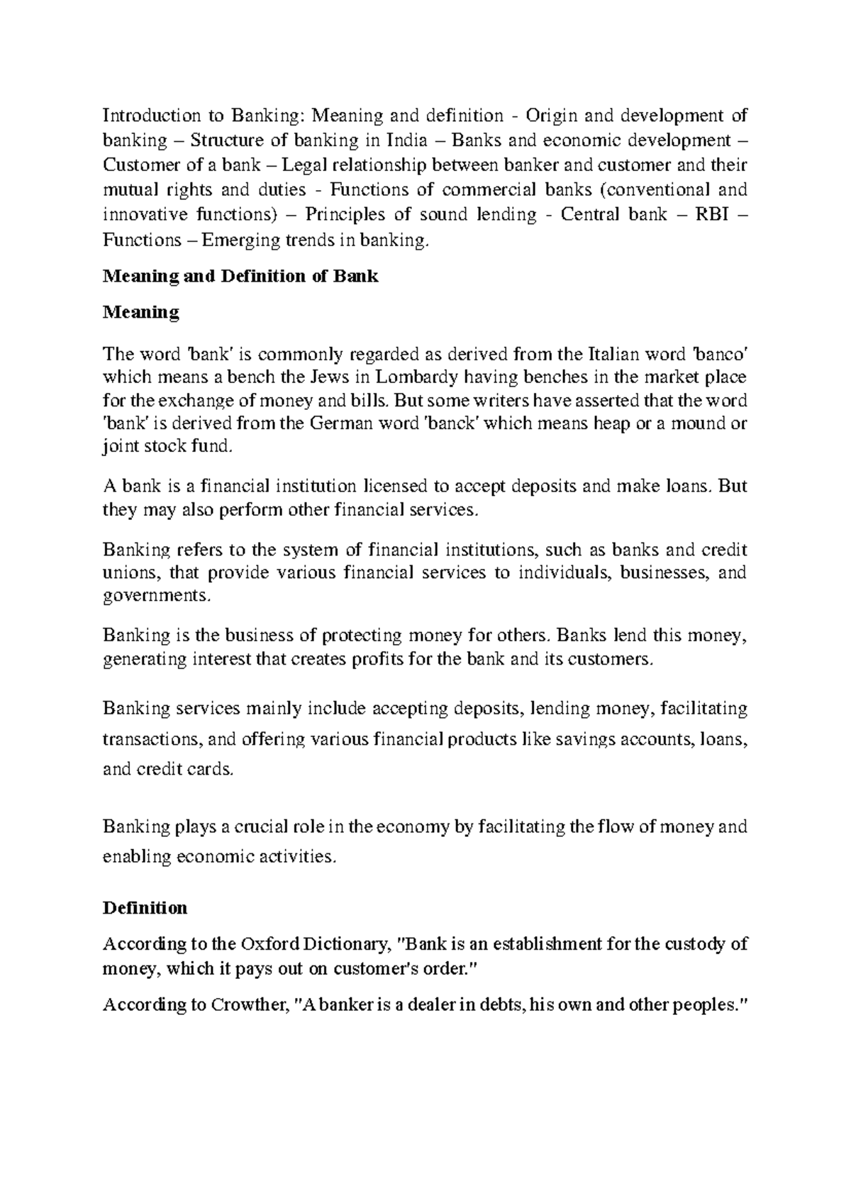 Banking and Insurance Notes Module 1 - Introduction to Banking: Meaning ...