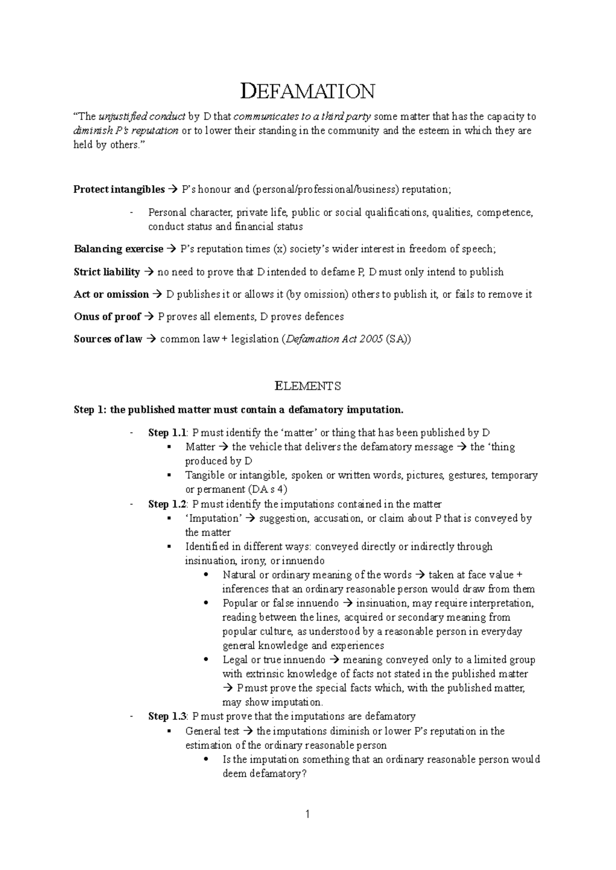 Defamation Law Notes (DEF 1505) - Key Elements & Principles - Studocu