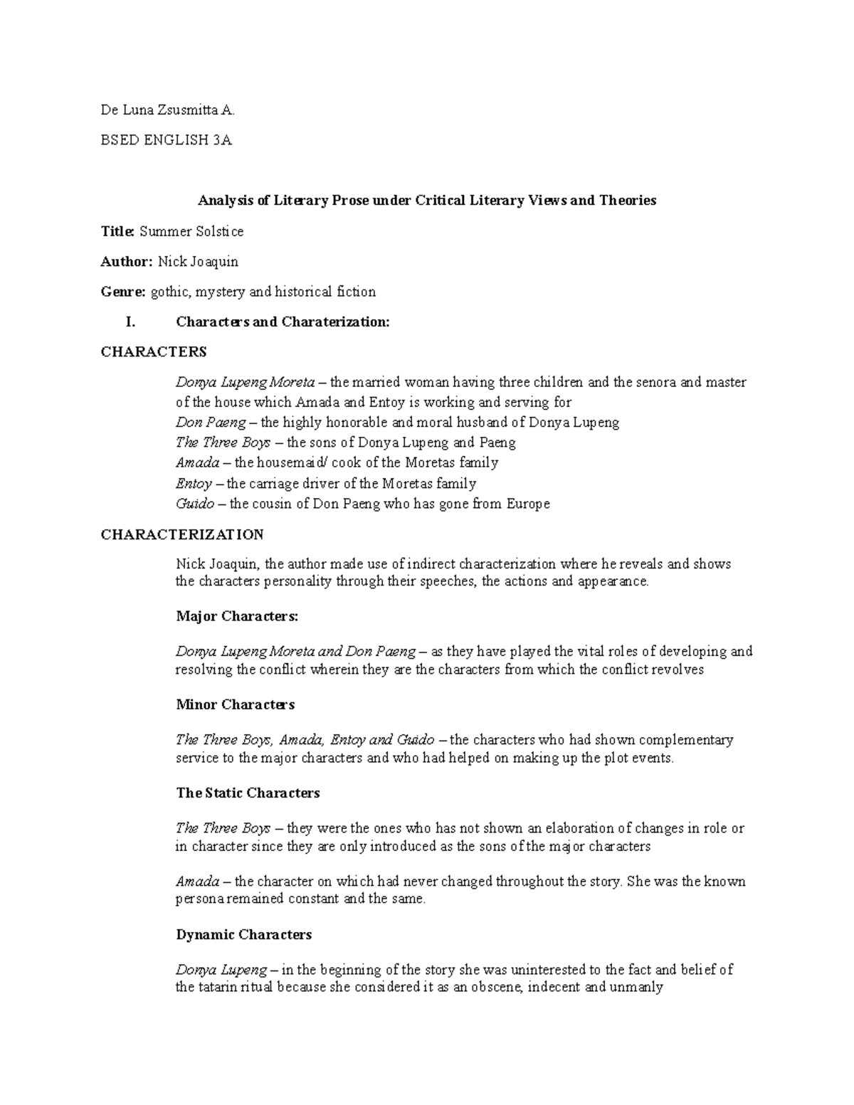 BSED ENGLISH 3A Literary Analysis of Prose: Themes & Characters - Studocu