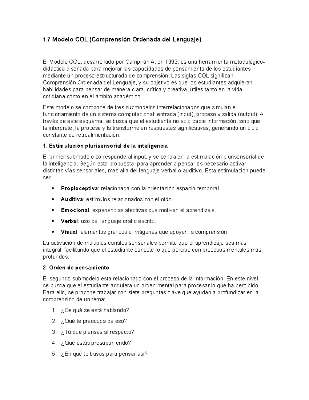 1.7 Modelo COL: Síntesis y Comprensión del Lenguaje - Studocu