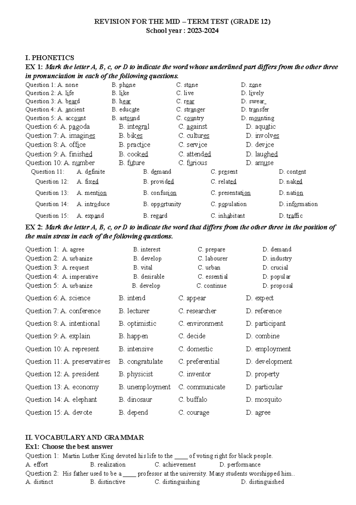 E12 Grade 12 Midterm Revision Notes 2023-2024 - Studocu
