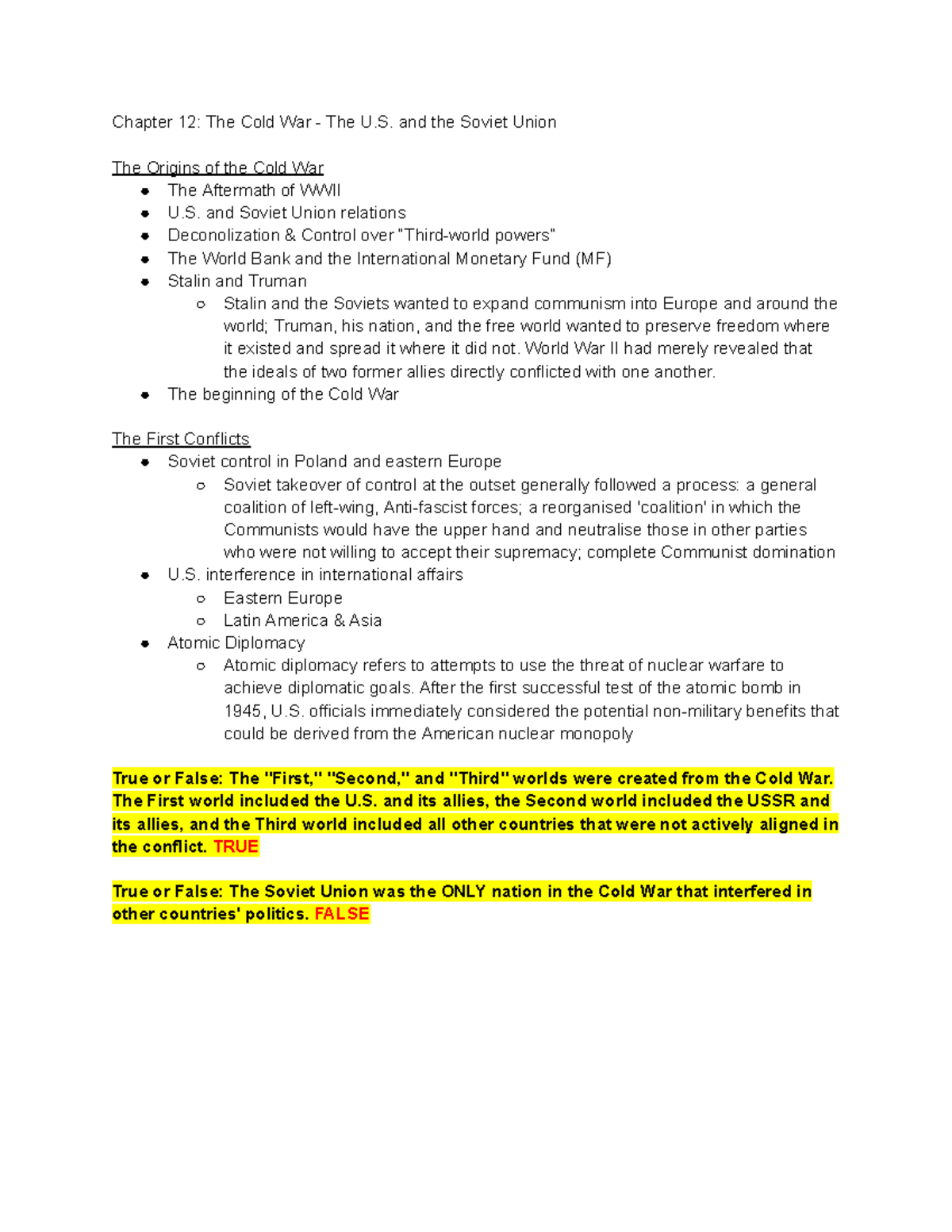 Chapter 12: The Cold War - U.S. vs USSR Relations and Conflicts - Studocu