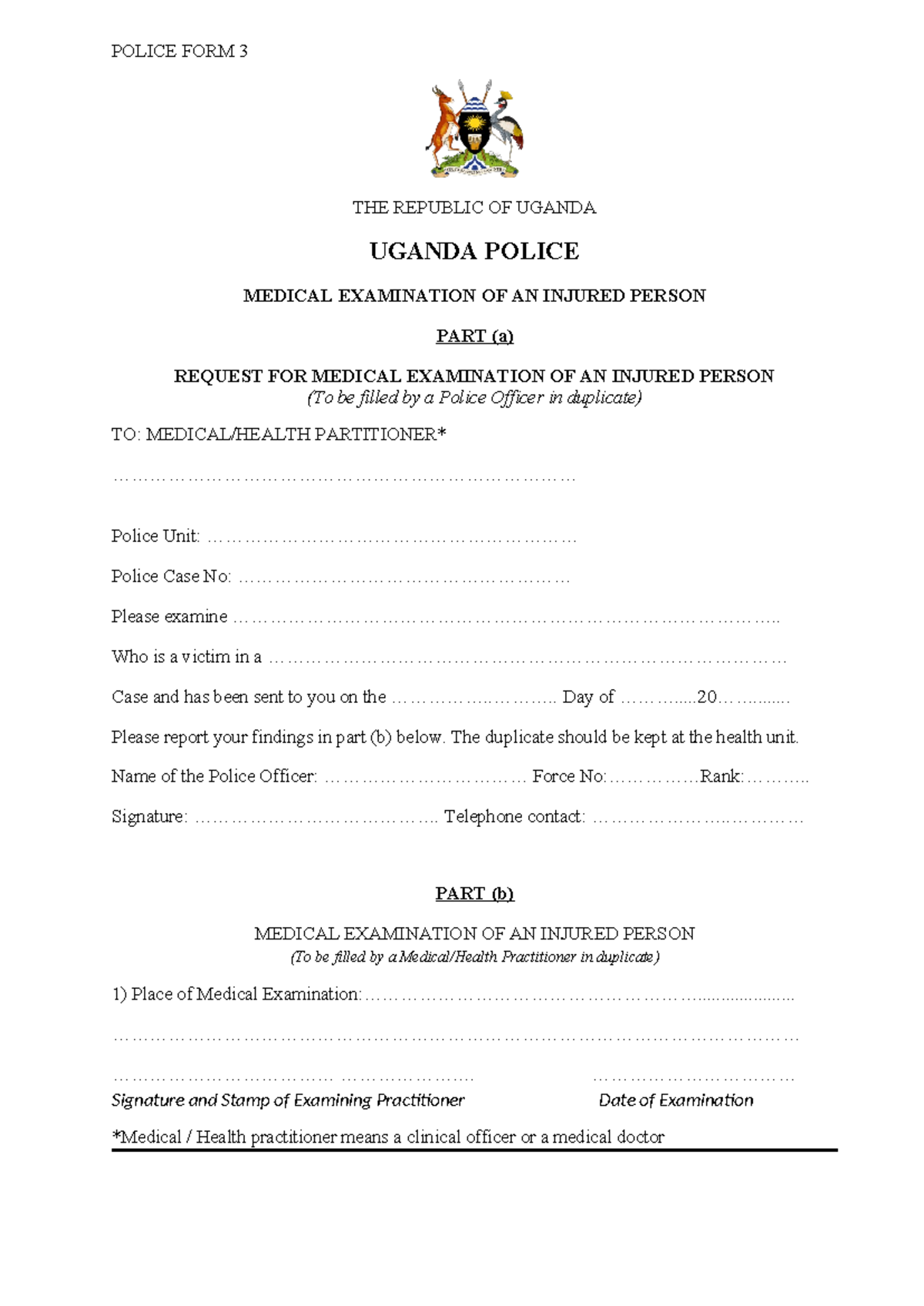 Medical Examination Form 3 for Injured Persons - Police Uganda - Studocu