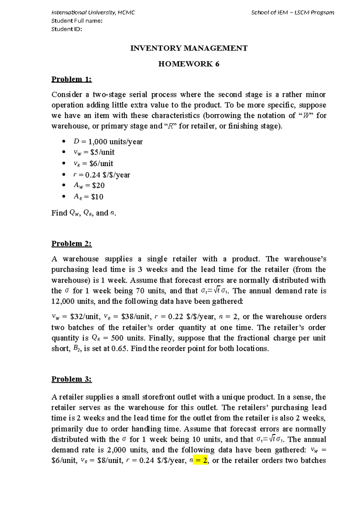Inventory Homework 6 - International University, HCMC School of IEM ...