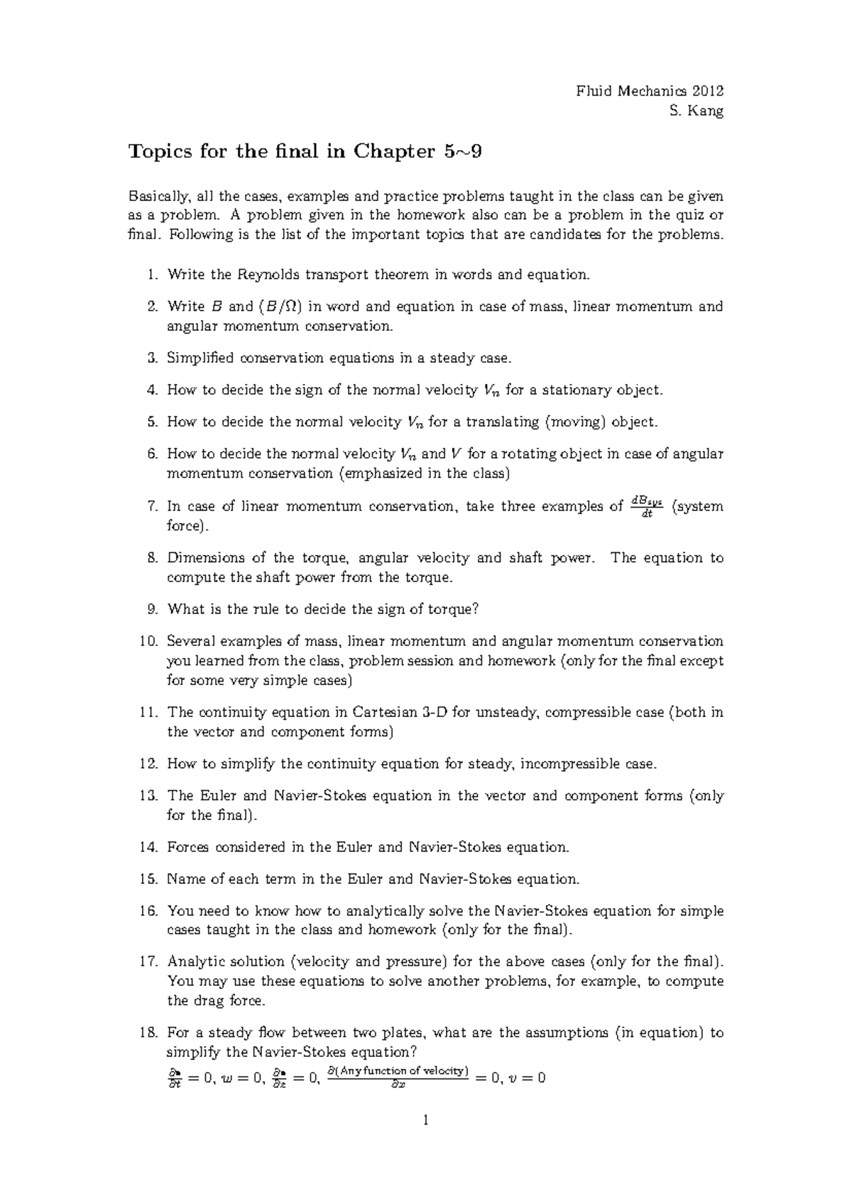 Fluid Mechanics 2012 S. Kang Final Exam Topics Overview - Studocu
