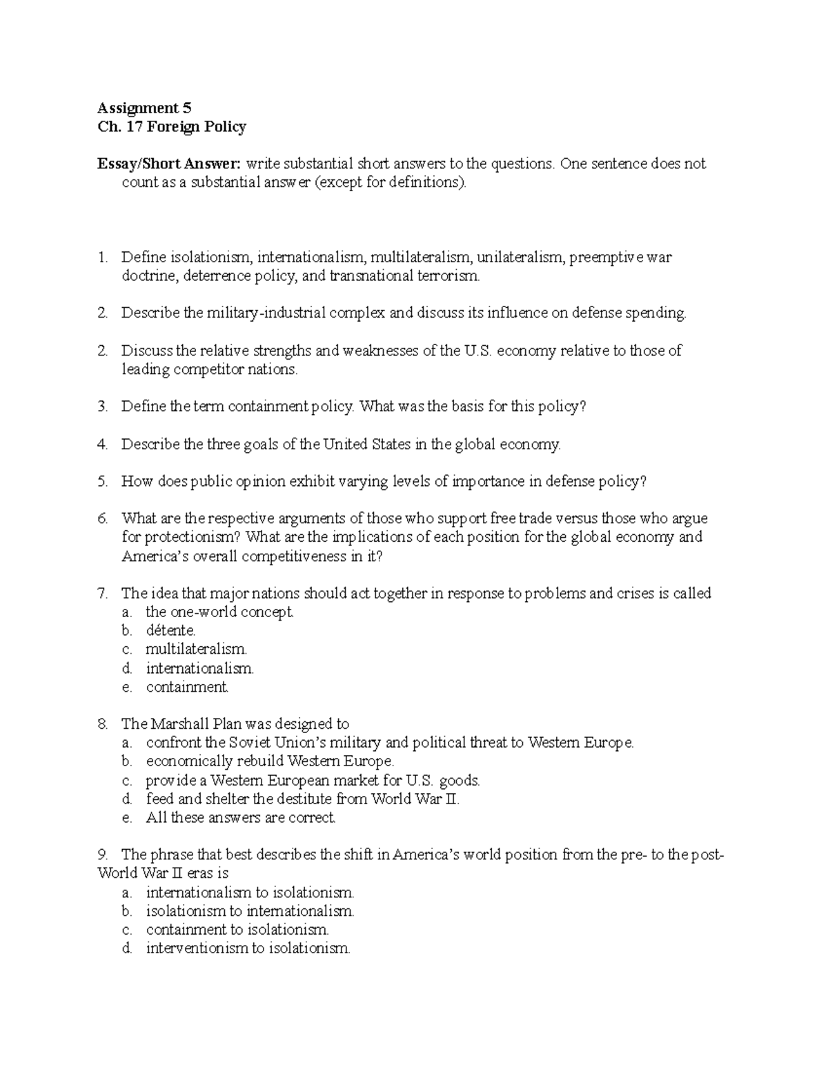 Chapter 17 Questions-1 - Assignment 5 Ch. 17 Foreign Policy Essay/Short ...