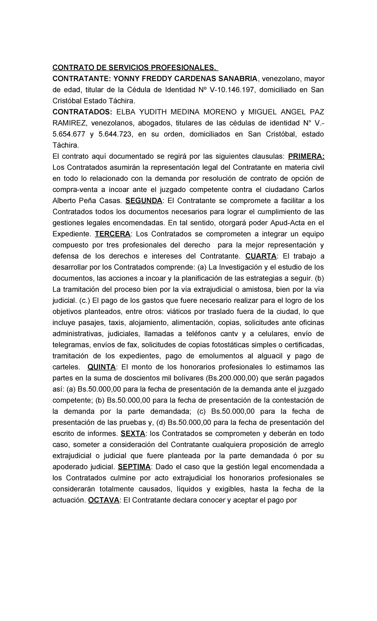 Contrato de Servicios Profesionales y Honorarios Legales - Studocu