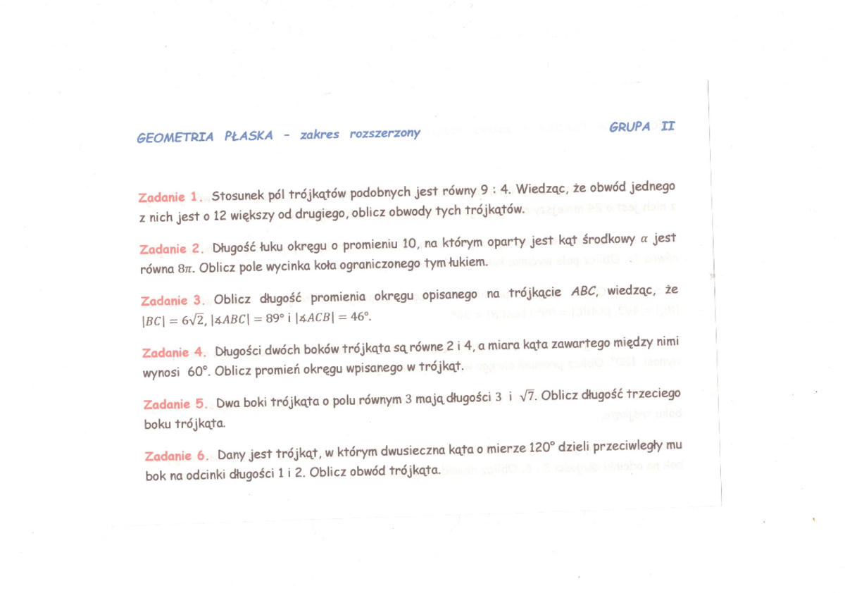 Geometria płaska Sprawdzian II - Kluczowe informacje i zadania - Studocu