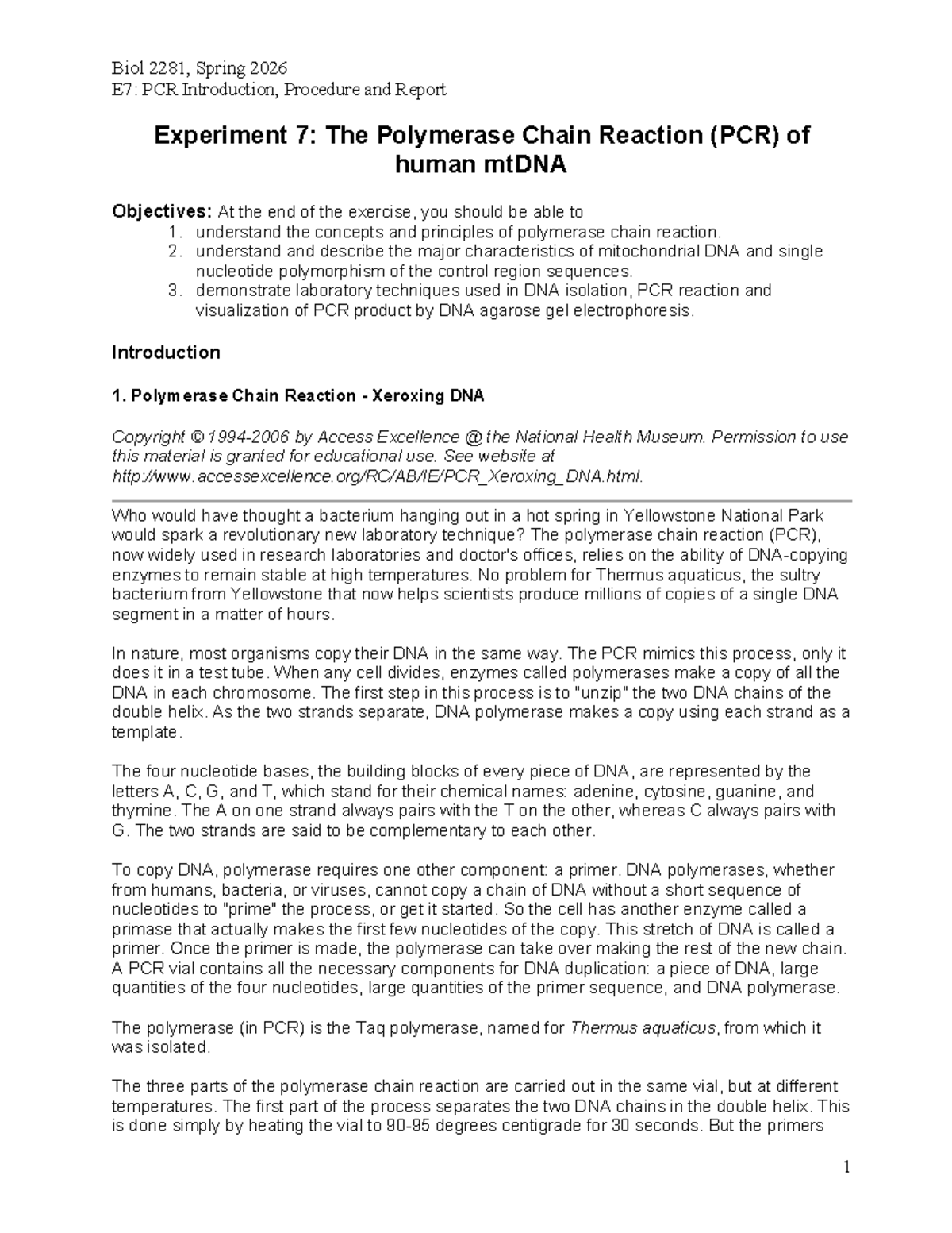 E7 - PCR of Human mtDNA: Procedure & Lab Report (Biol 2281, Spring 2026 ...