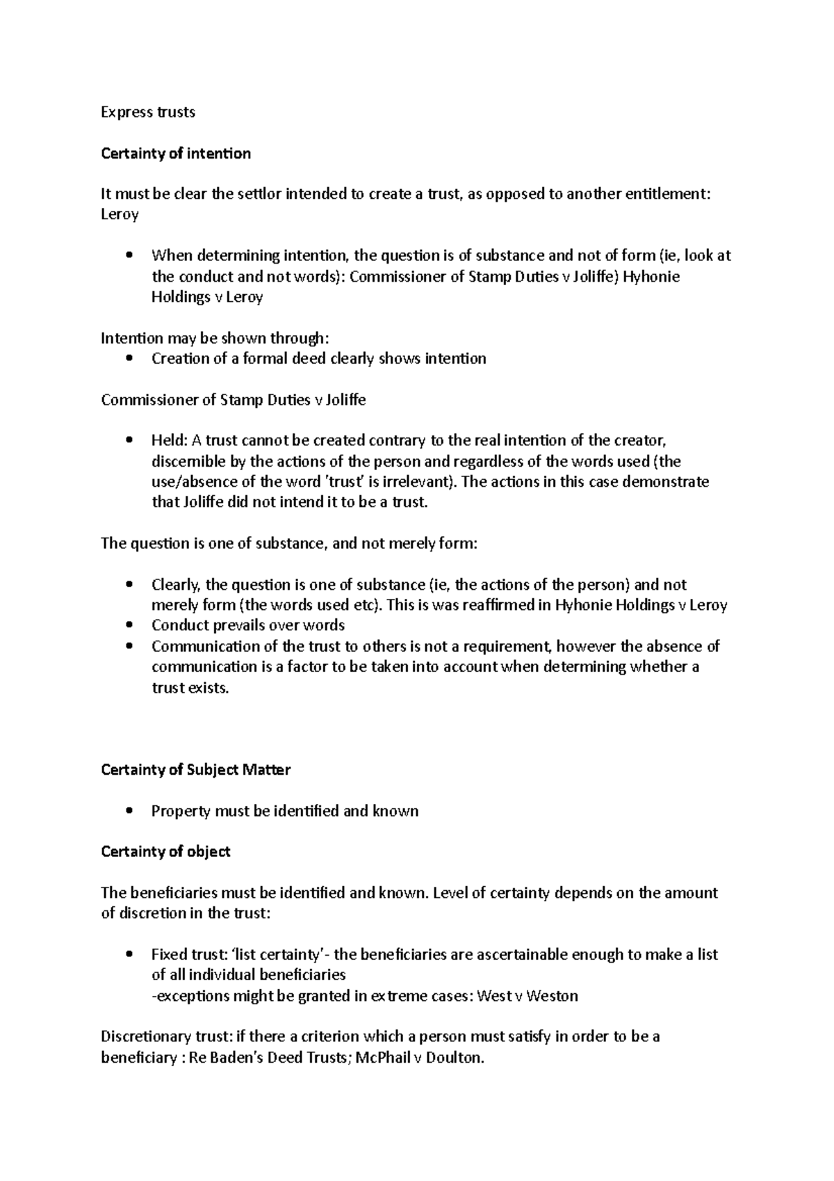 Express Trusts - Lecture Notes 3 & 4: Certainty of Intention and Object ...