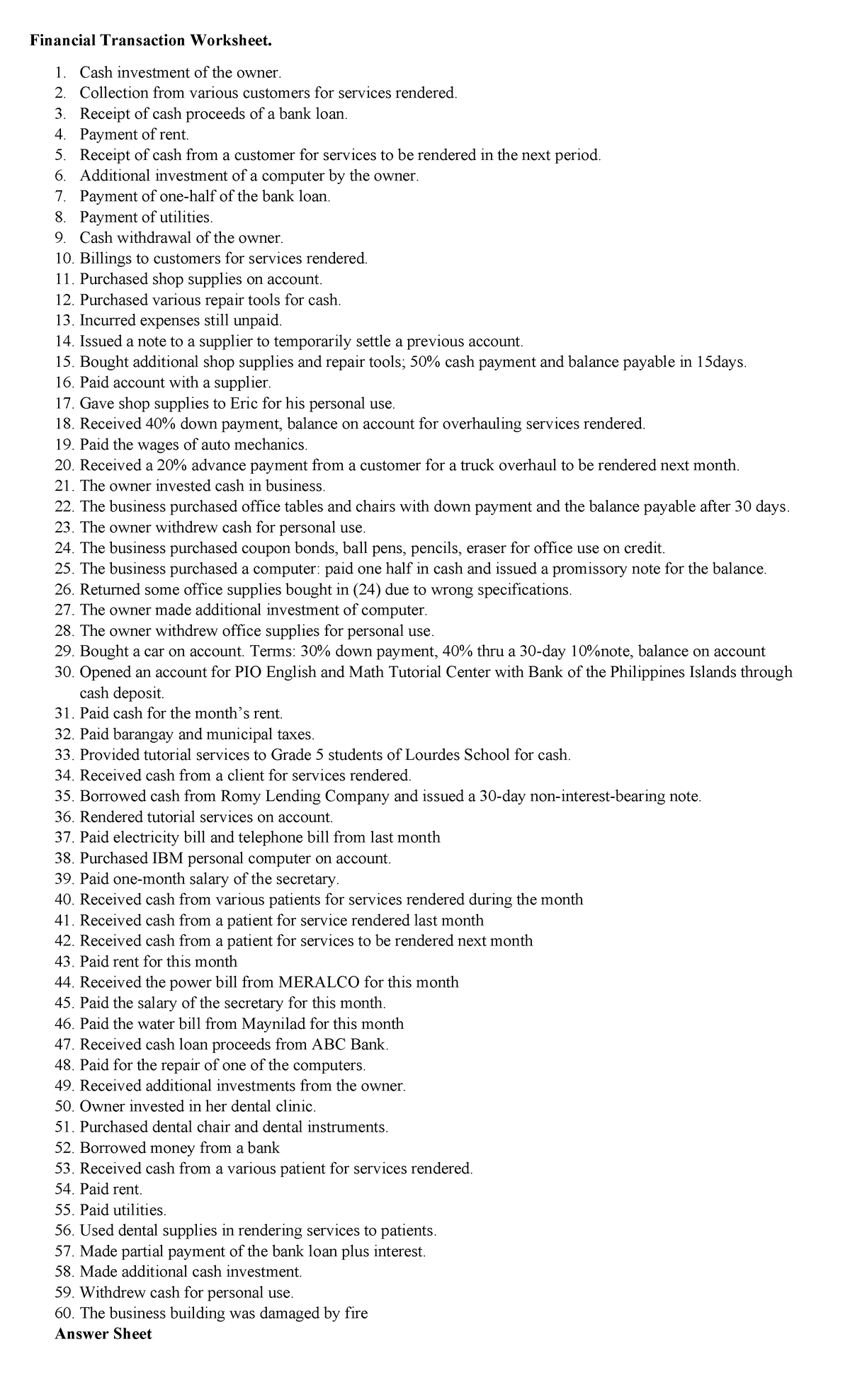 ACC 102 SW1 - Financial Transaction Worksheet Summary - Studocu