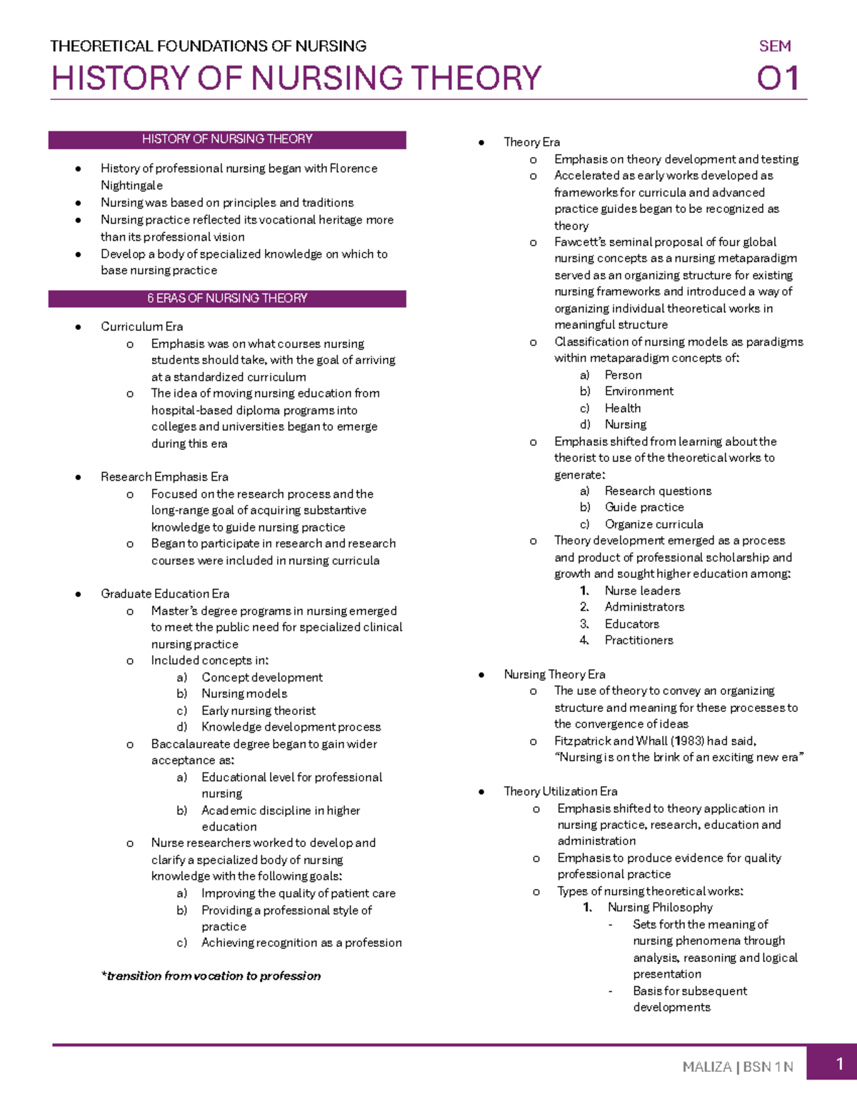 Theoretical Foundations of Nursing Notes - HISTORY OF NURSING THEORY O ...