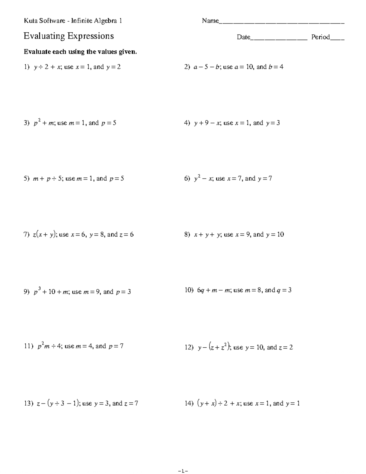 Kuta Software Infinite Algebra 1 Evaluating Expressions Worksheet - Studocu