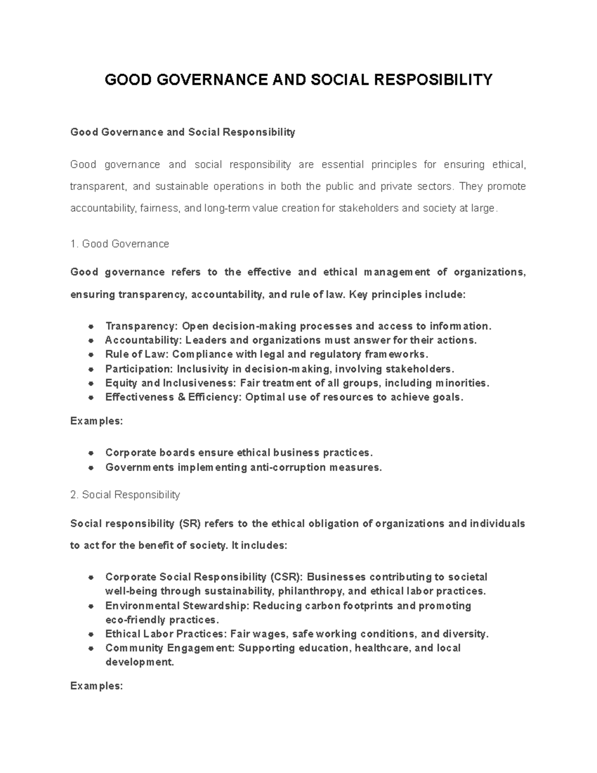 GOOD GOVERNANCE & SOCIAL RESPONSIBILITY: A Comprehensive Overview - Studocu