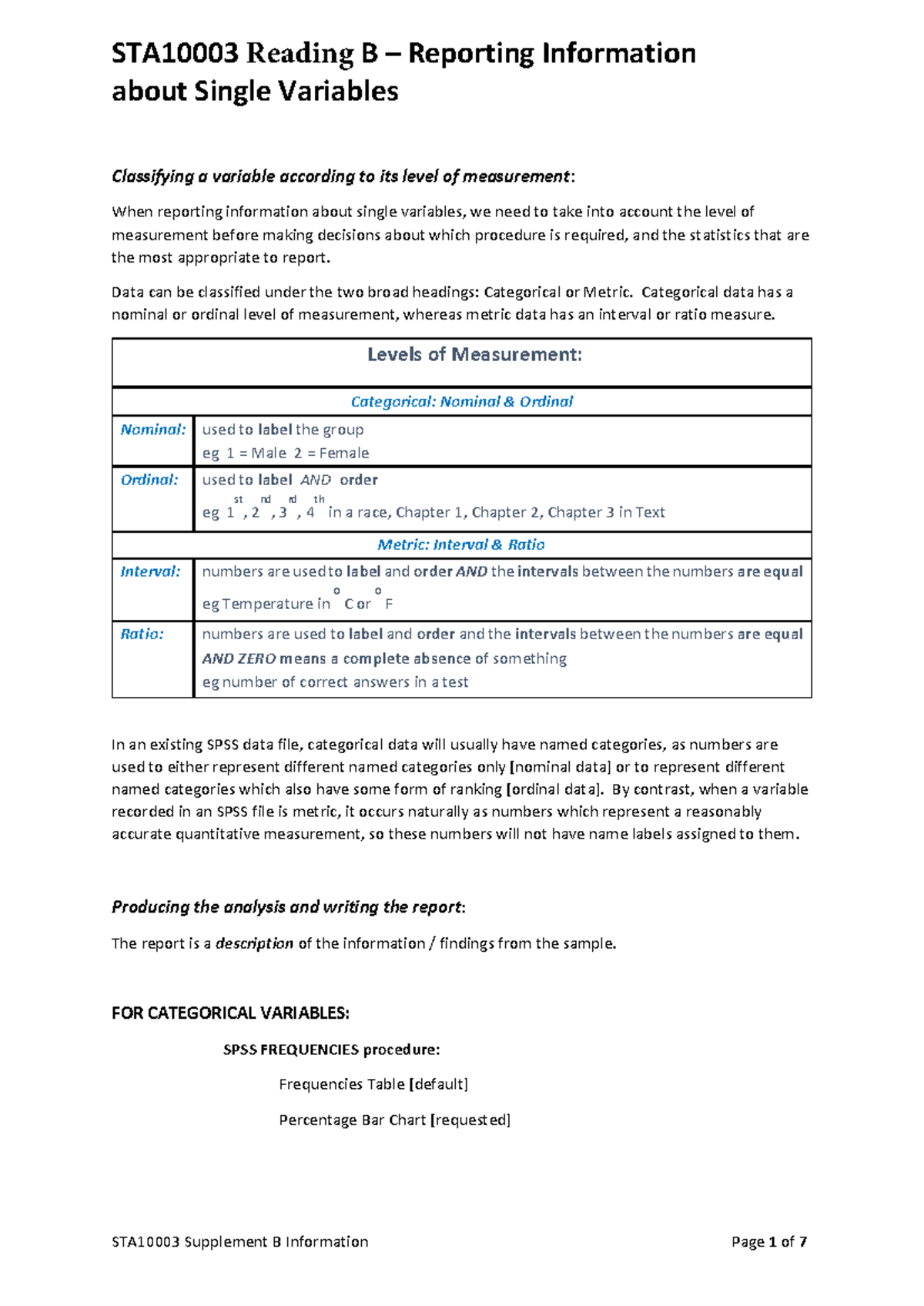 Reading B Reporting Information about Single Variables - STA10003 ...