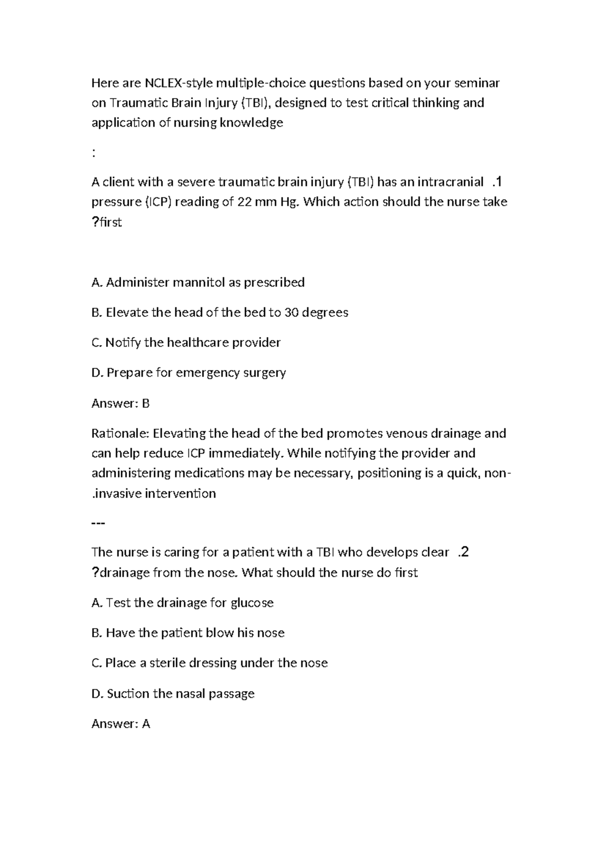 Traumatic Brain Injury (TBI) Exam Questions and Answers - Studocu