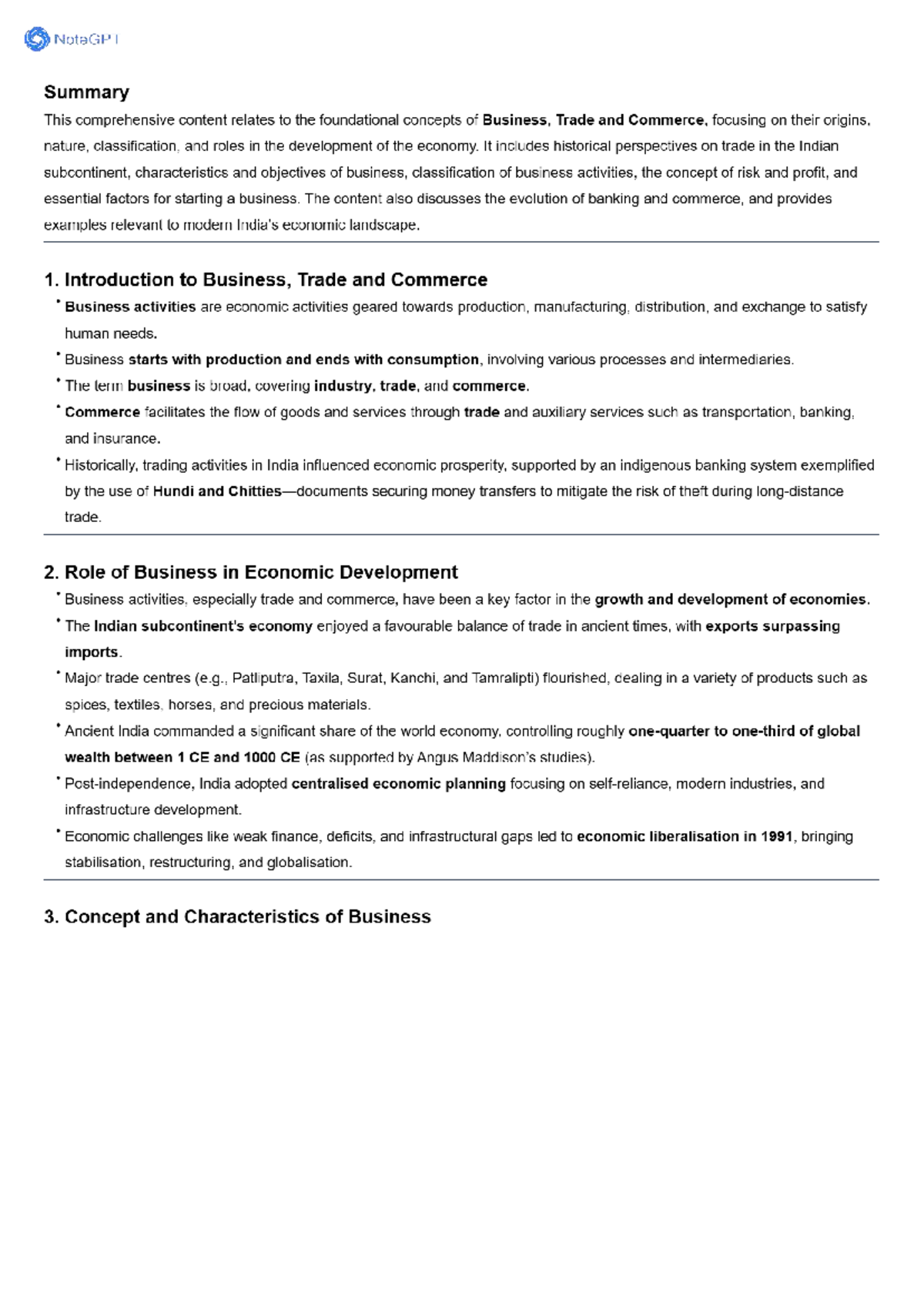 NoteGPT Summary: Foundations of Business, Trade & Commerce (KEBS101 ...