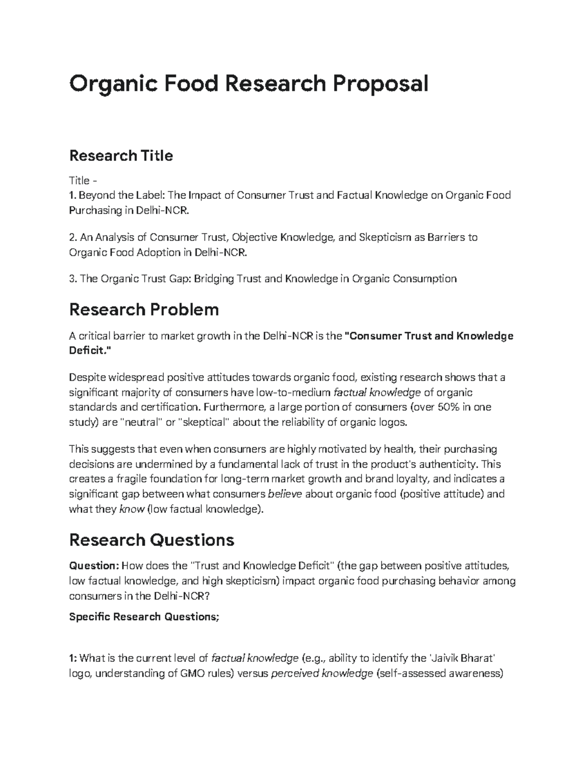 Organic Food Research Proposal: Bridging Trust and Knowledge Gaps - Studocu