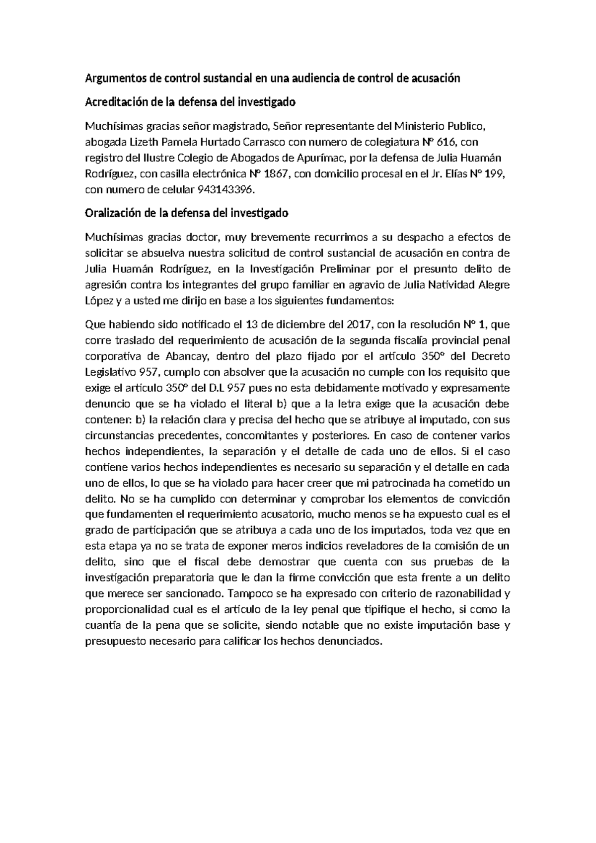 Control Sustancial en Audiencia de Acusación: Defensa y Argumentos ...