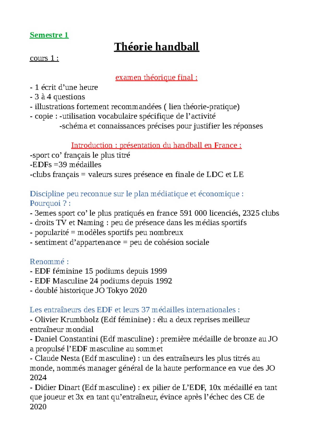 Théorie Handball Cours 1 : Examen Final Semestre 1 - Studocu