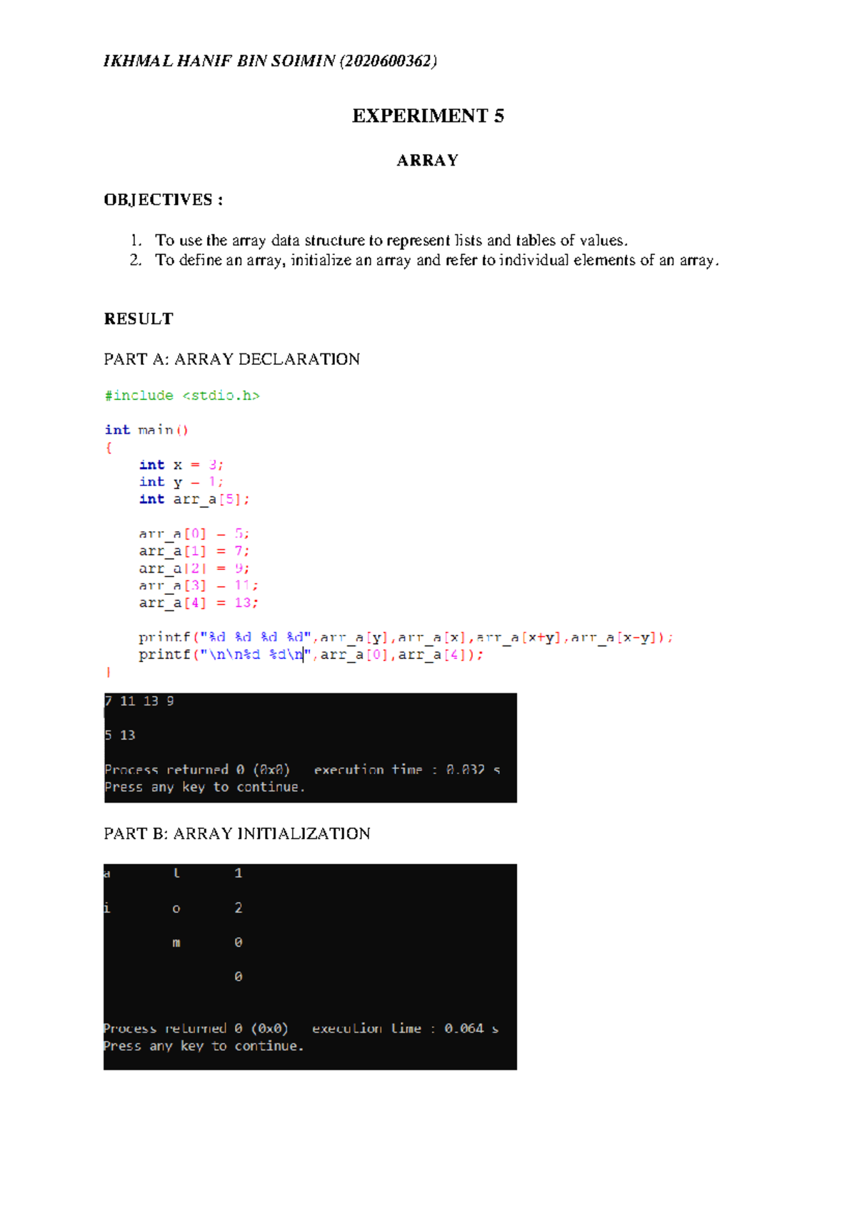 ECE128 - Experiment 5: Understanding Arrays in C Programming - Studocu