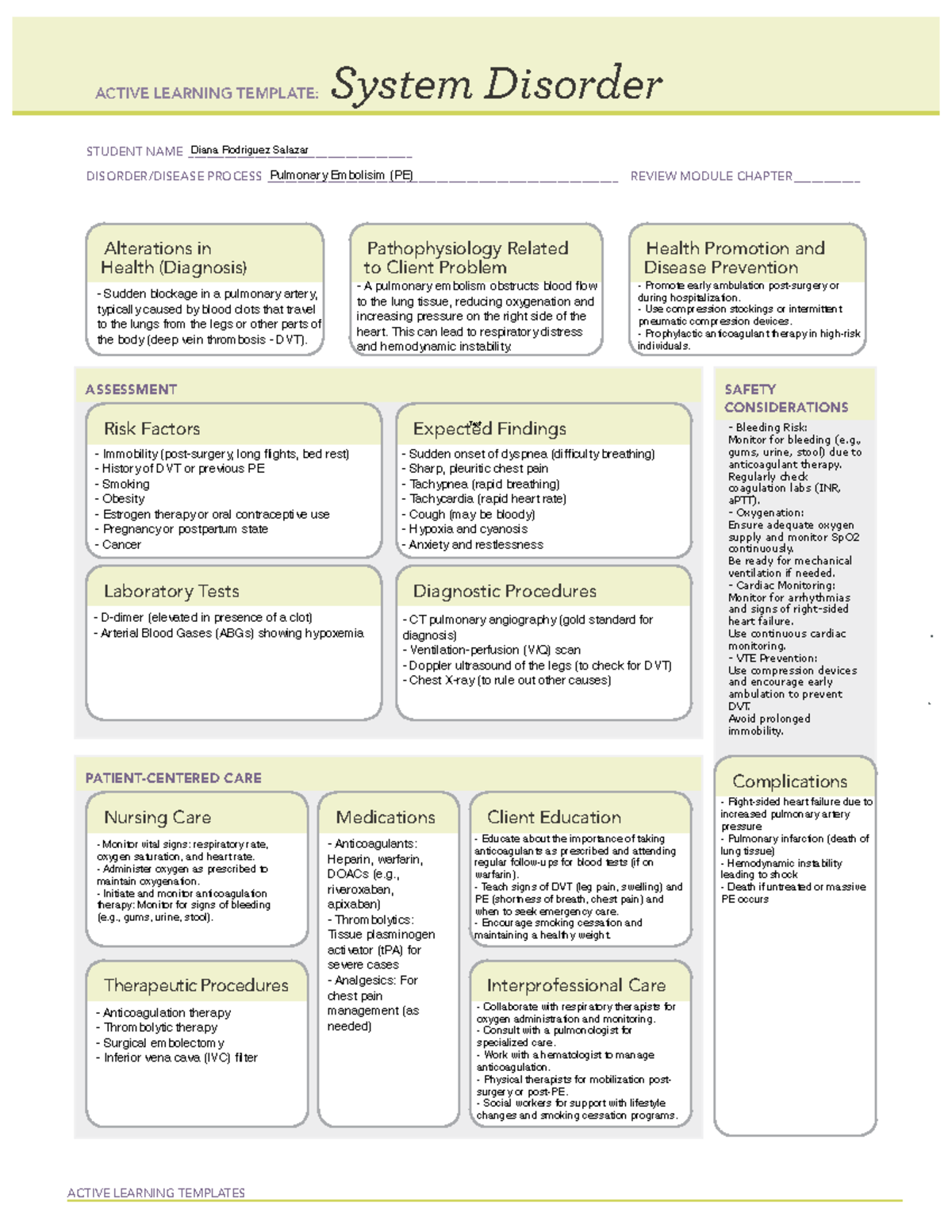PE - Pulmonary Embolism Study Guide: Assessment & Care Strategies - Studocu