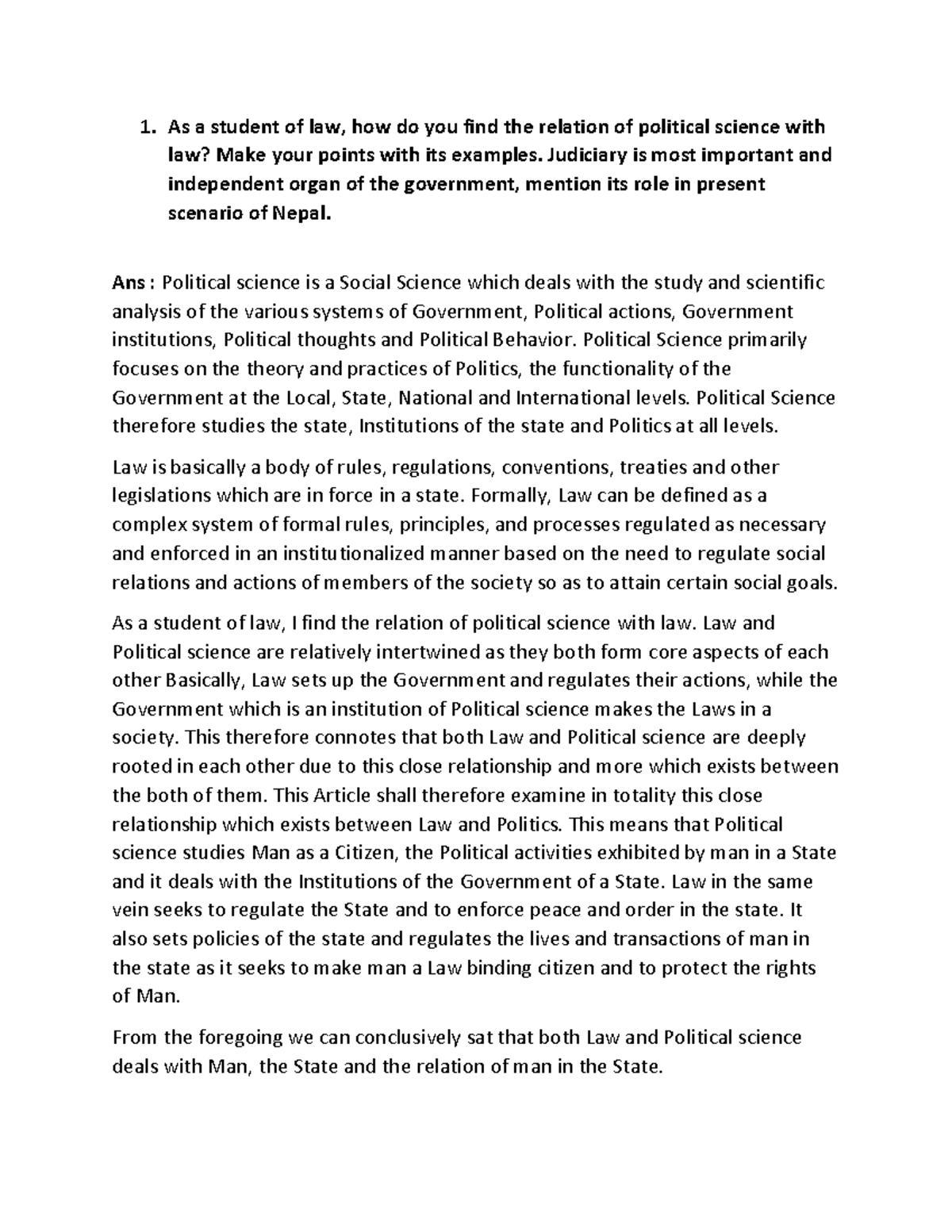 Assignment of political science section - As a student of law, how do ...