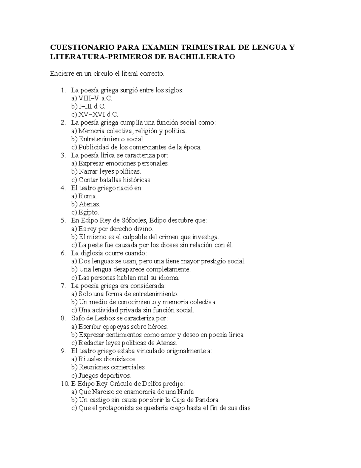 Cuestionario para Examen Trimestral de Lengua y Literatura - Studocu