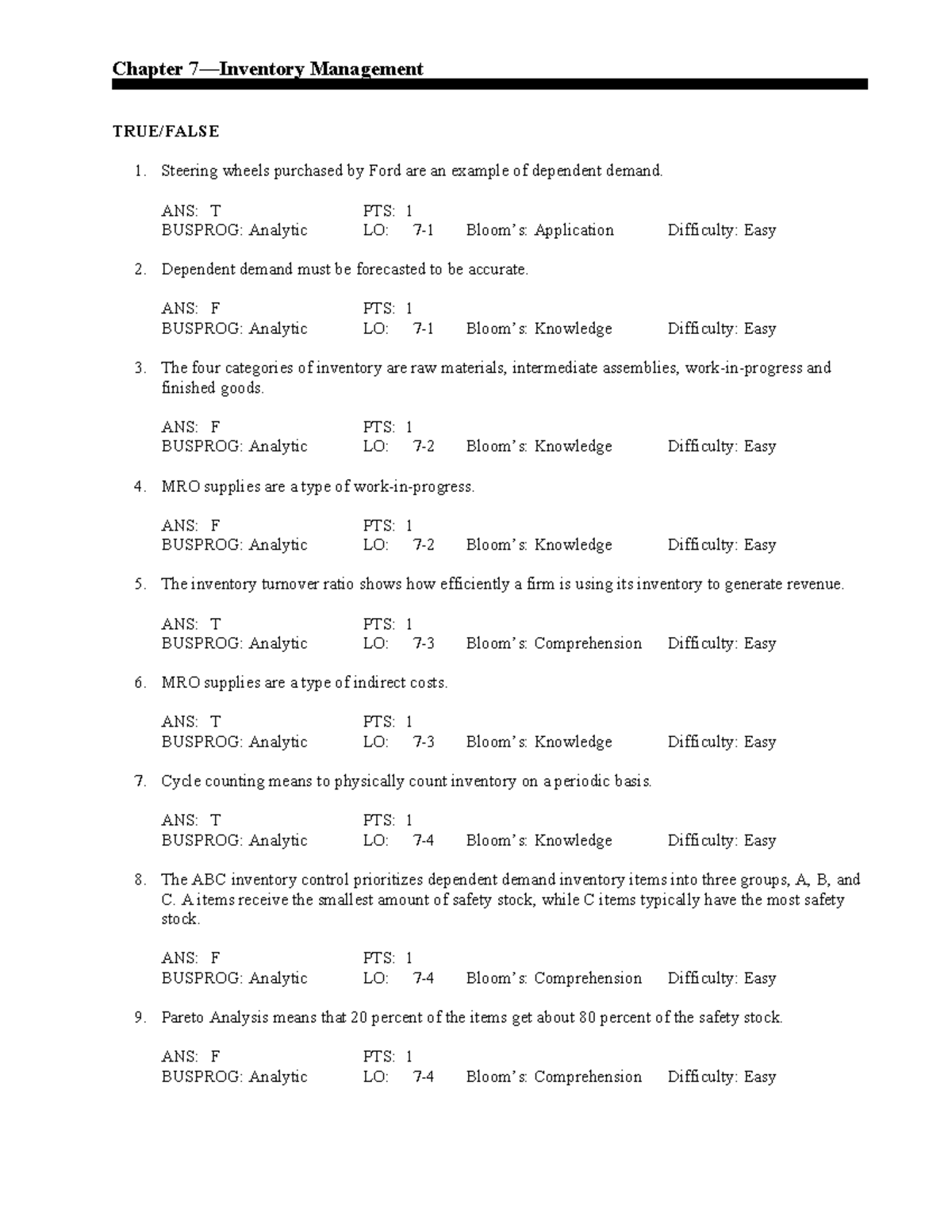 5e Chapter 7 Test Questions on Inventory Management Concepts - Studocu